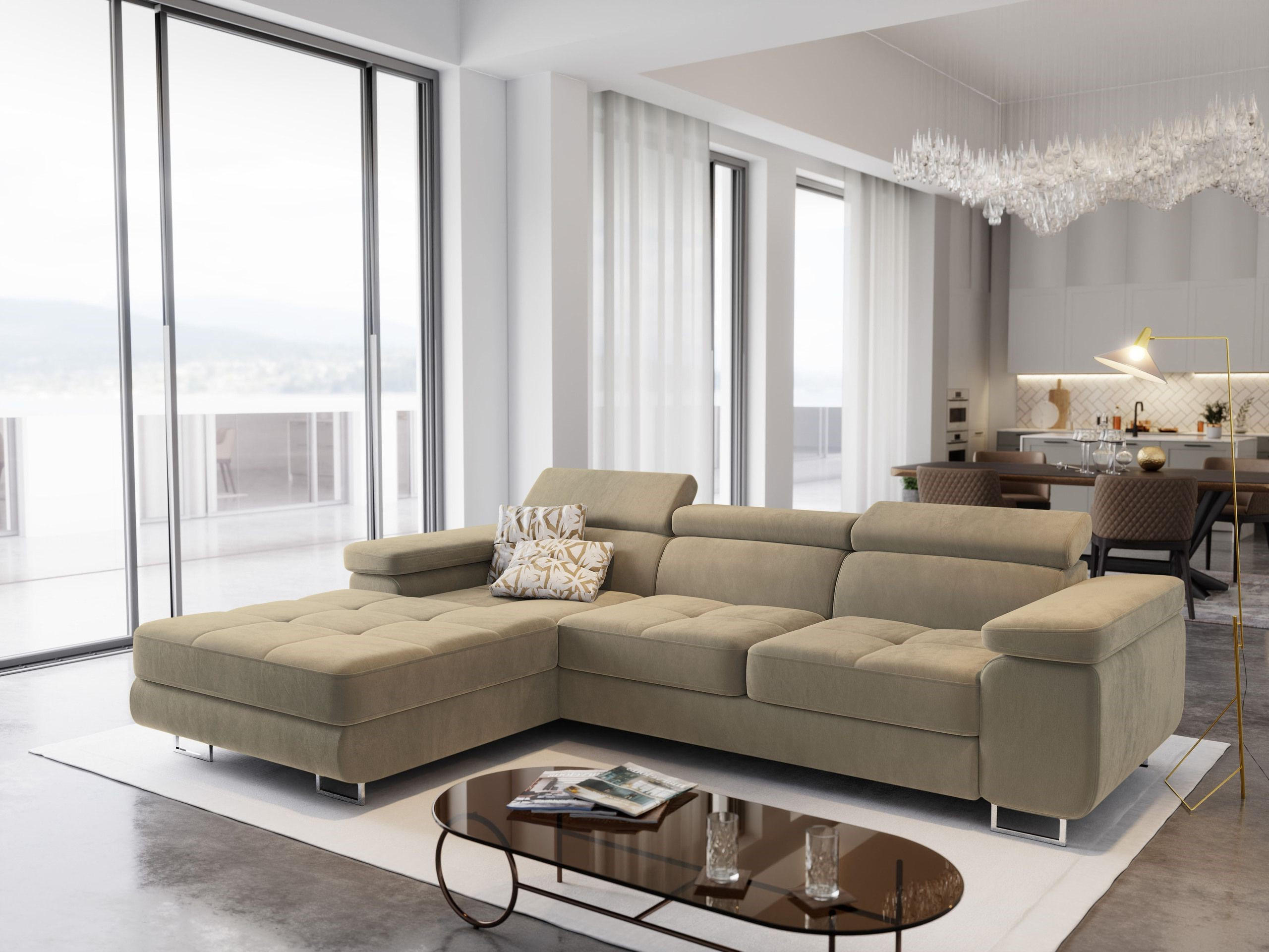 ECKSOFA ELMA L-S Creme Velours-Stoff mit Schlaffunktion - Creme, Holz (280/205cm) - MASSENO