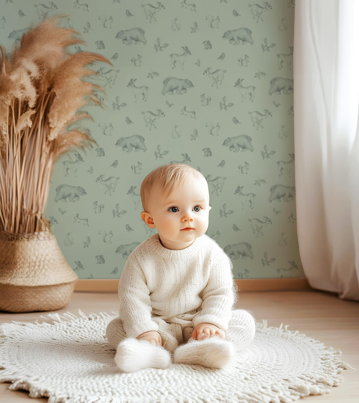 VLIESTAPETE Natural, Waldtiere 50 cm x 10 m Salbeigrün - Salbeigrün/Grün, Papier (1000/50cm) - Lilipinso