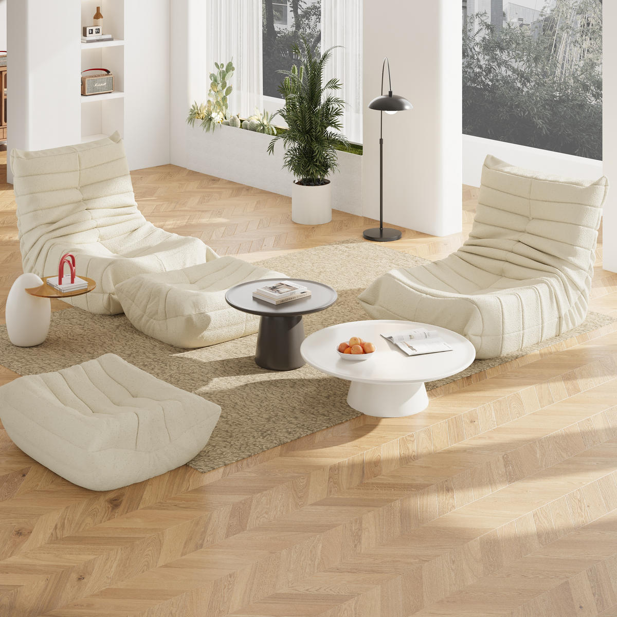 SITZSACK Stoff Beige mit Fußstütze, gepolsterter Loungesessel mit breiter Sitzfläche - Beige, Textil (85/79/114cm) - WISHDOR