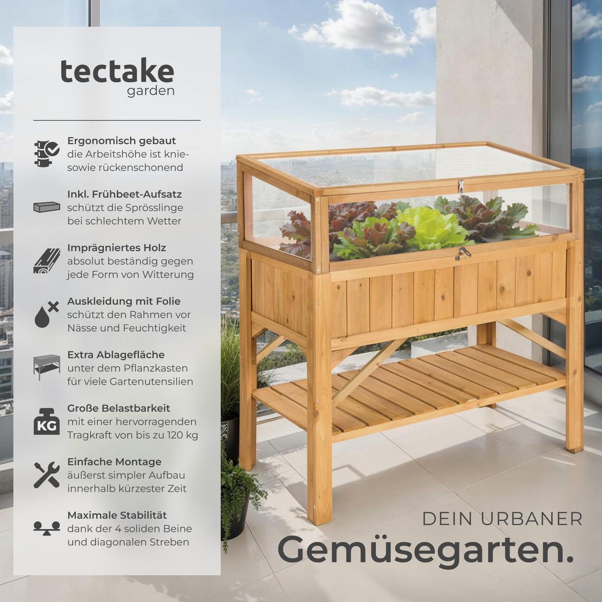 HOCHBEET ,119 x 57 x 124 cm,braun - Braun, Holz (57/90/119cm) - tectake