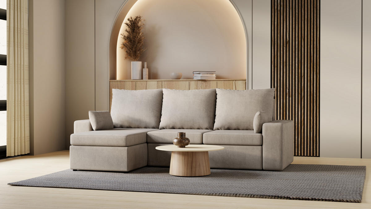 ECKSOFA Paco mit Bettkasten und Schlaffunktion, L-Form/XL-Form, Velourstoff, Universal - Weiß, Holzwerkstoff (246/145cm) - 4ALL HOME