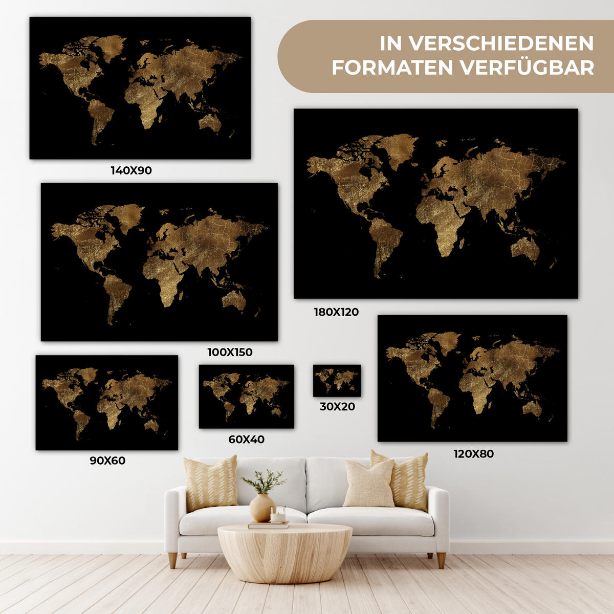 LEINWANDBILD Weltkarte - Gold - Luxus - Erde - Schwarz Groß 140x90 cm - Goldfarben, Textil (140/90cm) - MuchoWow