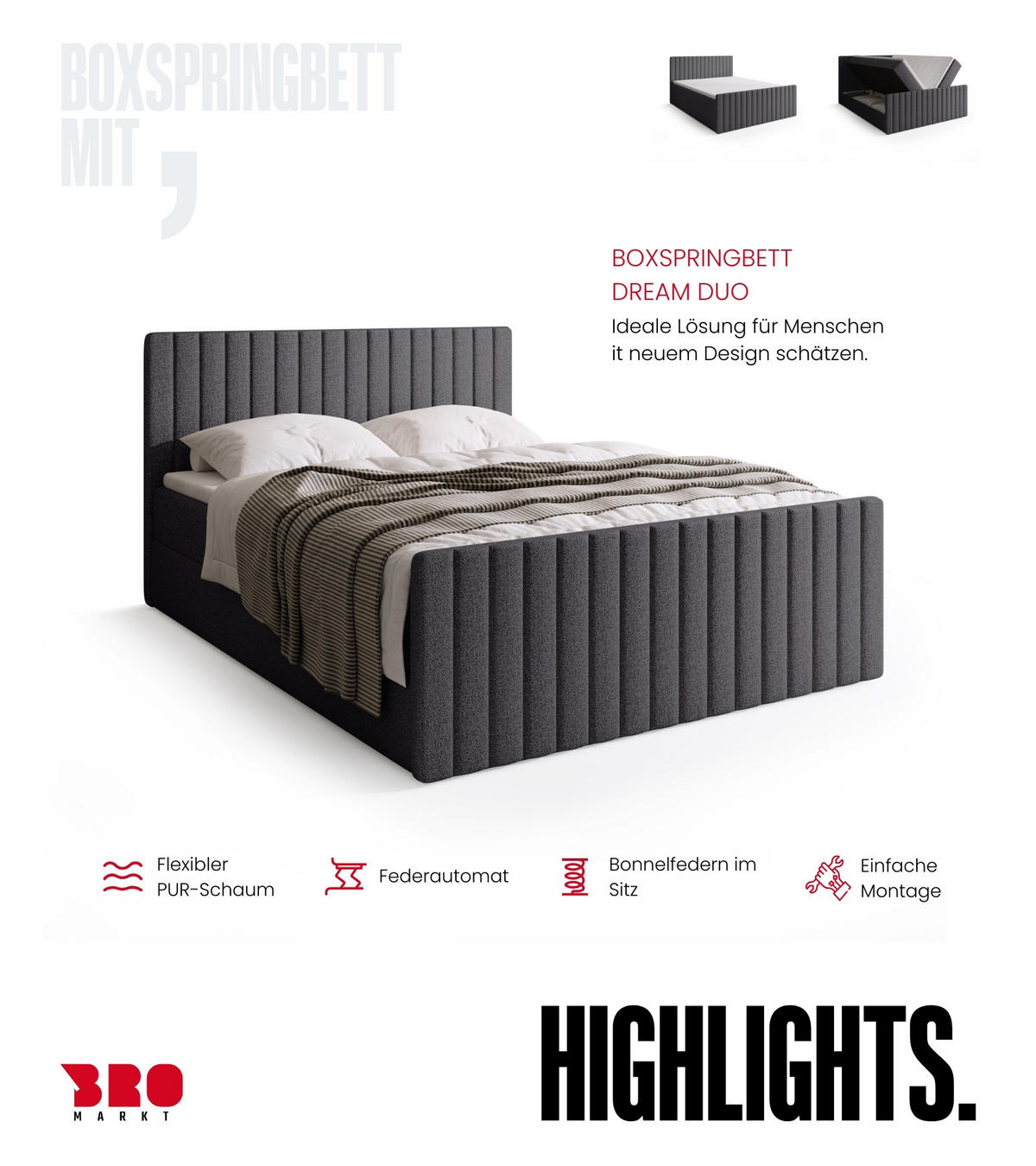 BOXSPRINGBETT Dream Duo mit Topper 140/200 Grau - Grau, Kunststoff (140/200cm) - Bromarkt