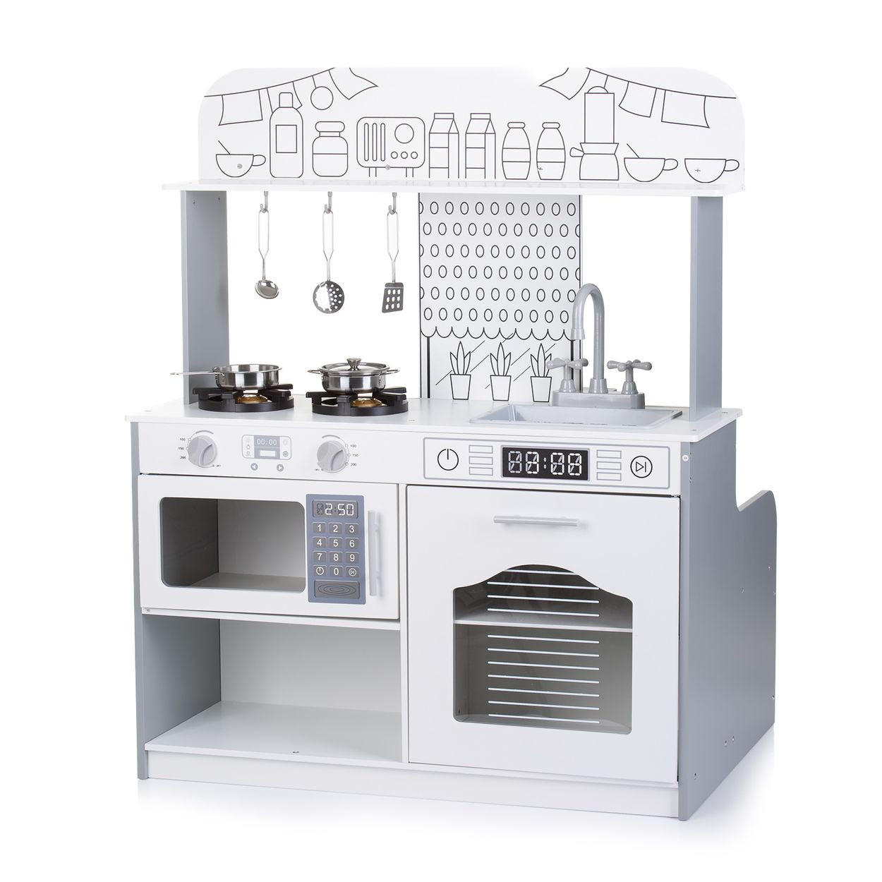 SPIELKÜCHE 2 in 1 98 cm weiß Holz, Tisch und Hocker, Metalltöpfe, Mikrowelle, Backofen, Spüle - Weiß, Holz (80/60/98cm) - Chipolino