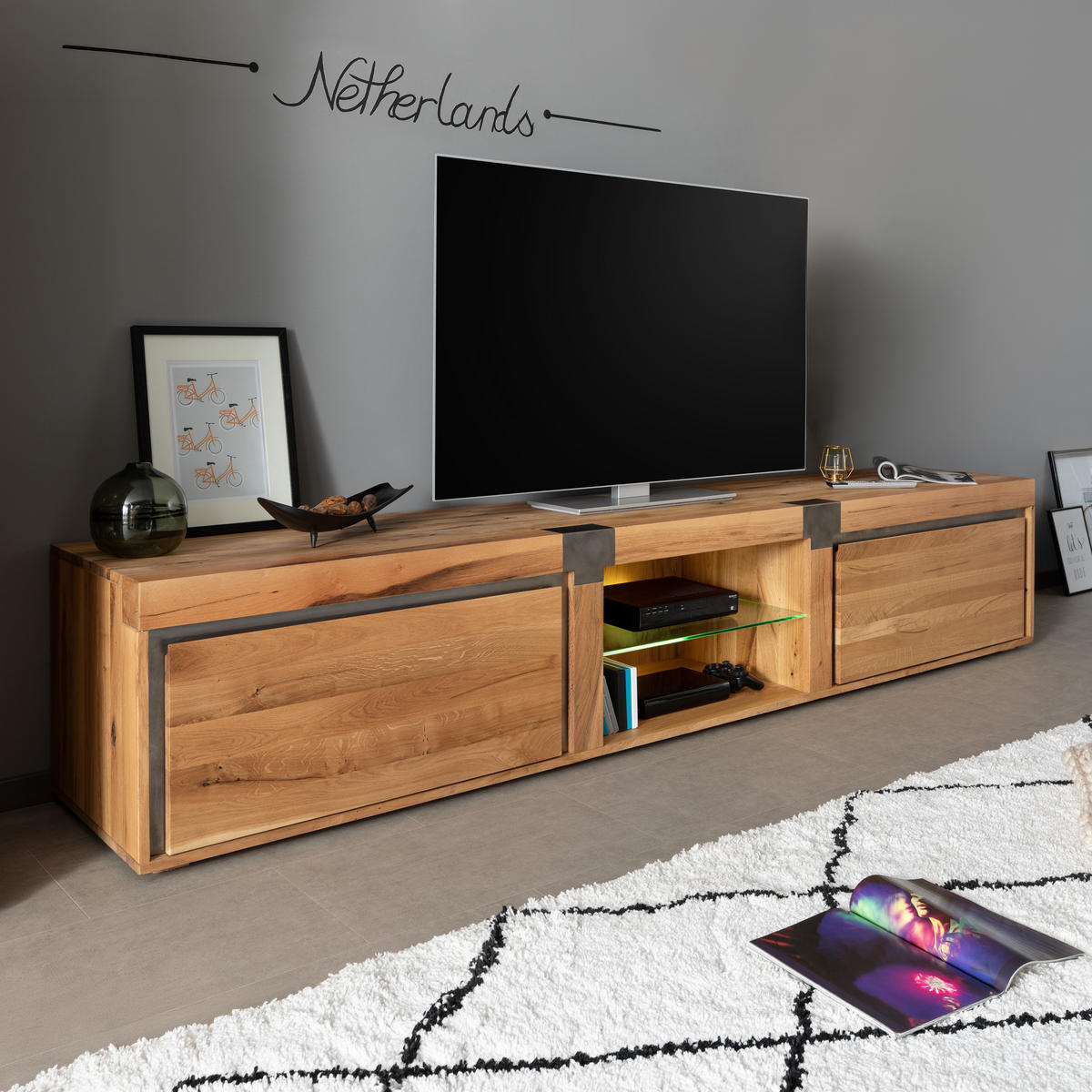 TV-BOARD Wildeiche / Zerreiche 260x48x50 natur geölt NEW AMSTERDAM #04 - Naturfarben, Holz (260/50/48cm) - Massivmoebel24