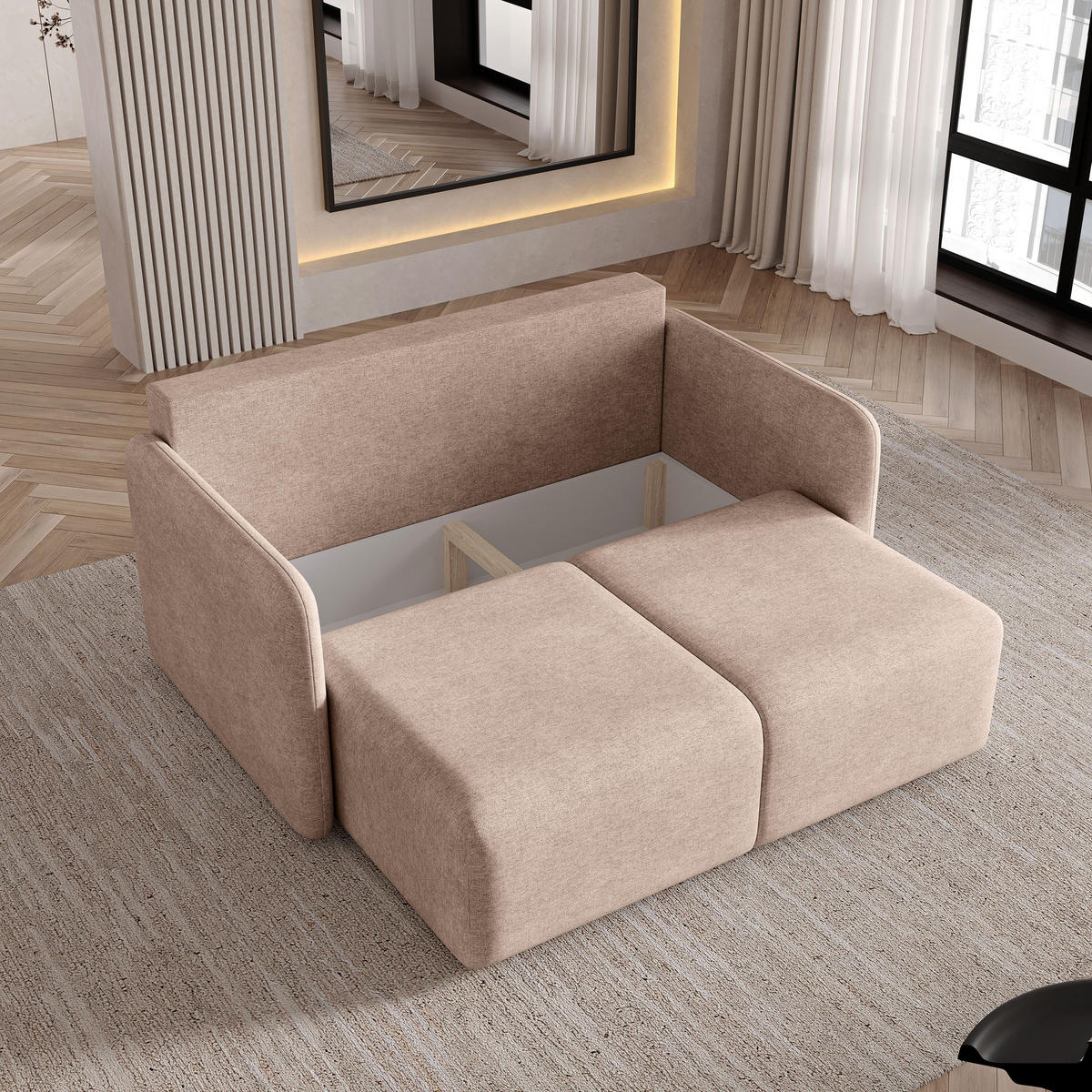 BETTSOFA SUVI II NV Beige Geflochtener Stoff mit Schlaffunktion - Beige, Textil (90/85/153cm) - MASSENO