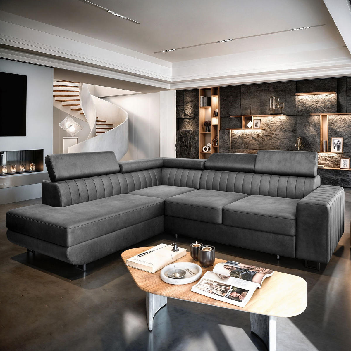 ECKSOFA NOLA L-S Grau Velours-Stoff mit Schlaffunktion - Grau, Holz (253/190cm) - MASSENO