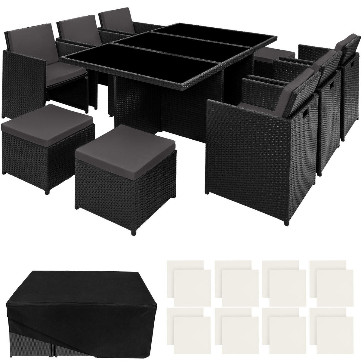 RATTAN SITZGRUPPE New York,2 Bezugssets, zusammenschiebbar, inklusive Schutzhülle,schwarz - Schwarz, Kunststoff - tectake