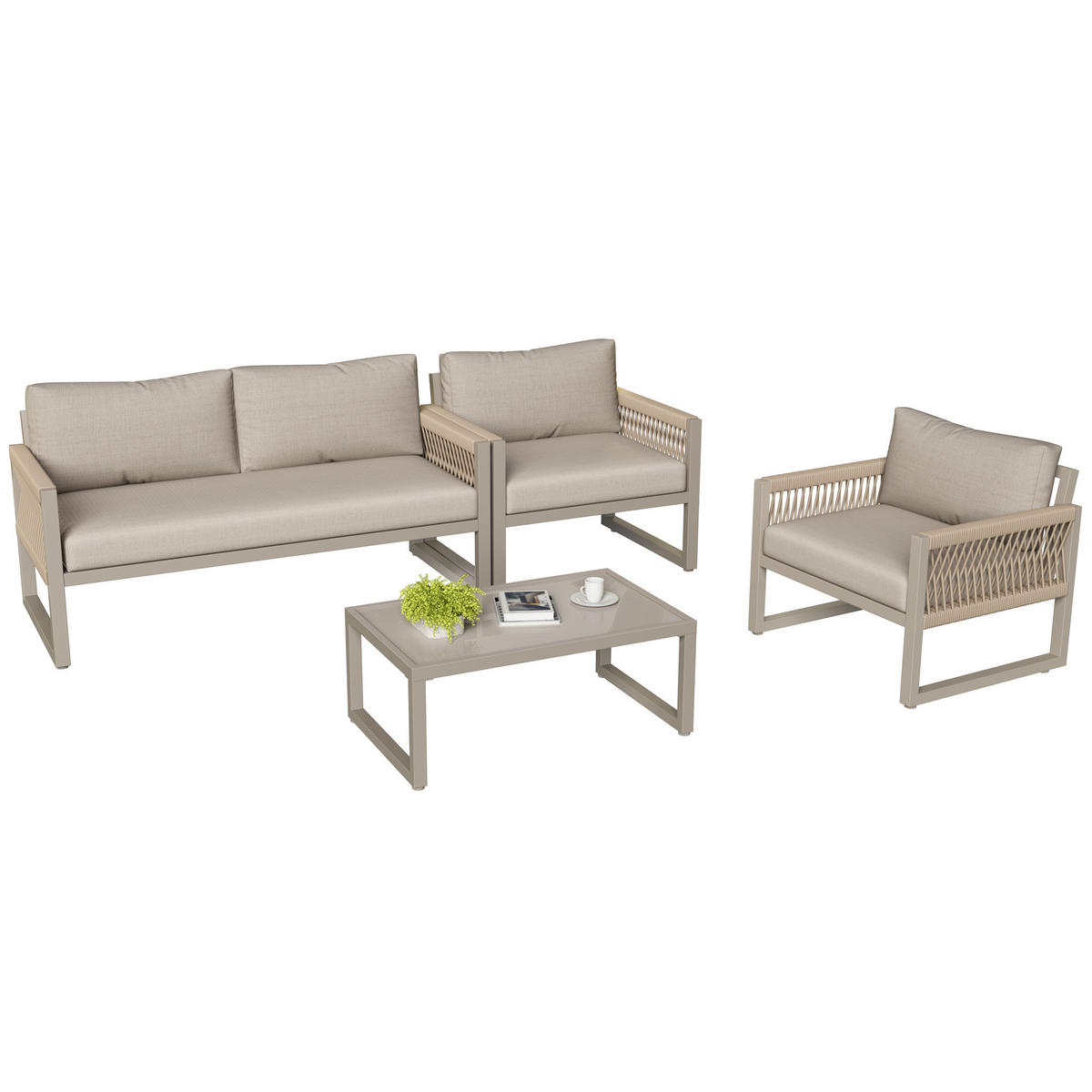 LOUNGEGARNITUR 4-tlg Khaki Metall & Seil Outdoor Sofaset mit 2 Sesseln, Sofa & Glastisch - Sandfarben, Metall - Urban Meuble