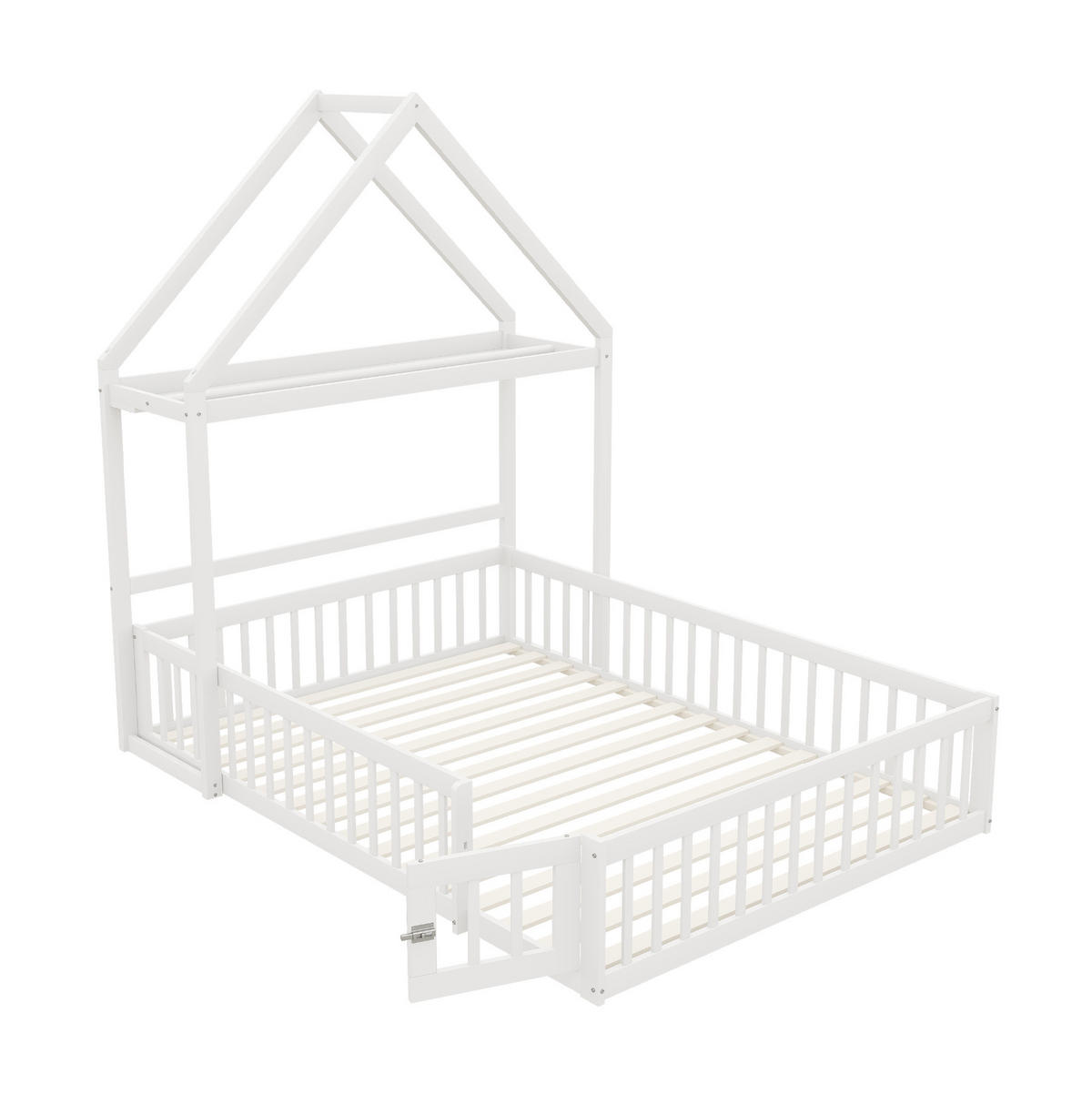 KINDERBETT 140/200 cm aus Holzwerkstoff mit Dach, Stauraum, Tür und Lattenrost, Weiß - Weiß, Holzwerkstoff (140/200cm) - Redom