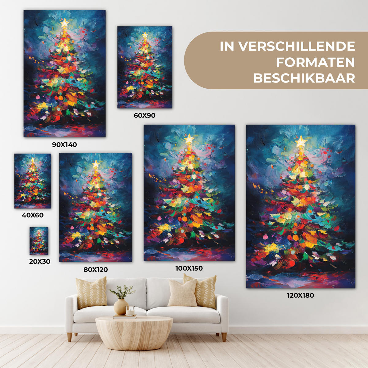 LEINWANDBILD Weihnachtsbaum - Weihnachten - Abstrakt - Farbenfroh Wanddeko Schlafzimmer 60x90 cm - Multicolor, Textil (60/90cm) - MuchoWow