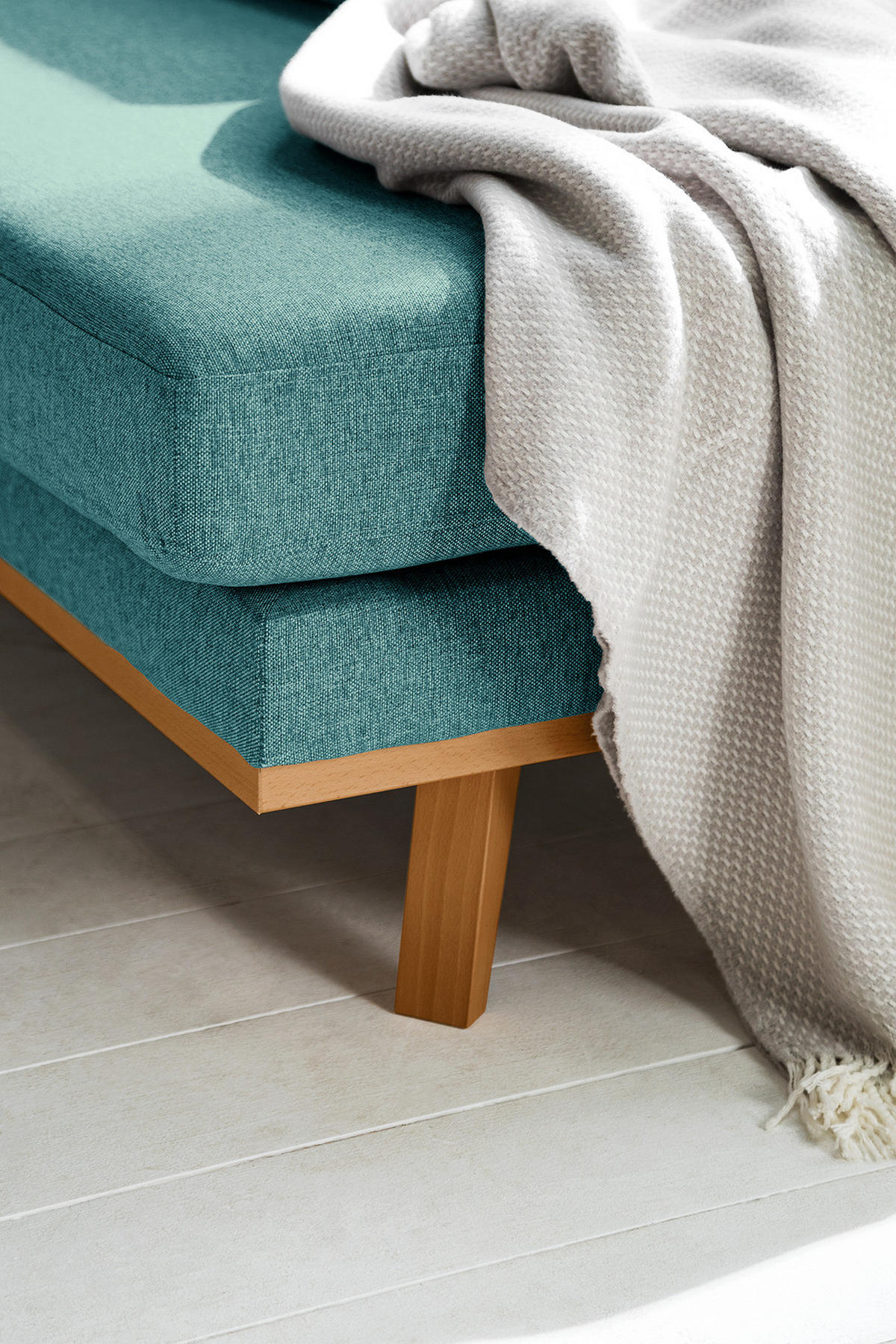 WOHNLANDSCHAFT mit Longchair - Buchefarben/Petrol, Buchenholz/Textil (371/81/219cm) - home24