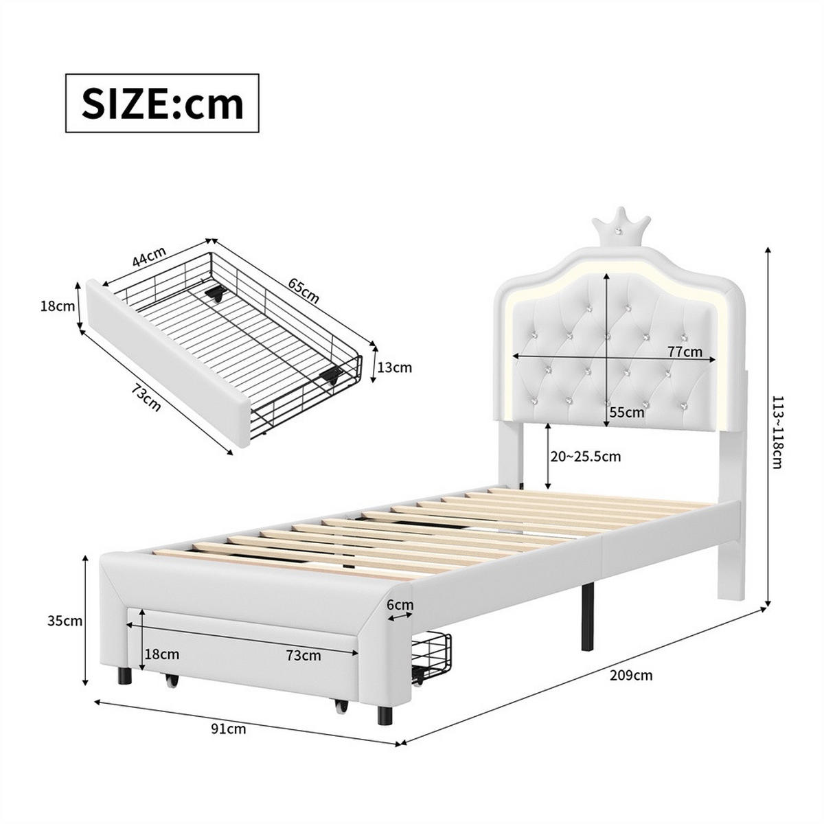 KINDERBETT 90 x 200 cm - höhenverstellbares Kopfteil mit LED-Beleuchtung und 1 Schublade - ohne Matratze - Weiß - Weiß, Textil (90/200cm) - DELFA