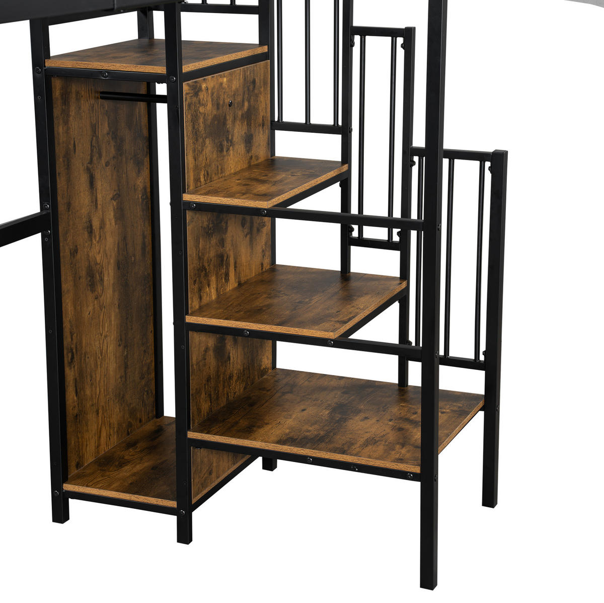 HOCHBETT 90/200 cm Schwarz und dunkle Holzfarbe aus Metall und Holzwerkstoff mit Kleiderschrank und Tisch - Schwarz, Holzwerkstoff (90/200cm) - OKMYHOME