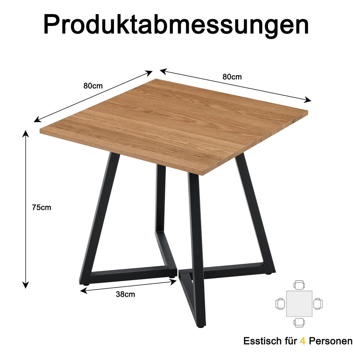 ESSTISCH 80/80/75 cm schwarz braun aus Holz Metall für bis zu 4 Personen - Schwarz, Holzwerkstoff (80/80/75cm) - OKWISH
