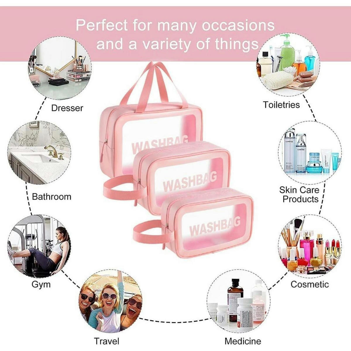 KOSMETIKTASCHE 3-teiliges Set Transparent Rosa - Rosa, Kunststoff (11/211/31cm)