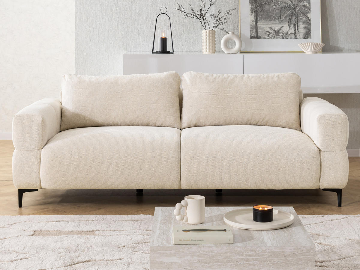 3-SITZER-SOFA Cardea in Bubble-Optik aus weichem Hellbeige Strukturstoff mit hohem Sitzkomfort - Beige/Schwarz, Holz/Textil (217/80/97cm) - S-Style Möbel