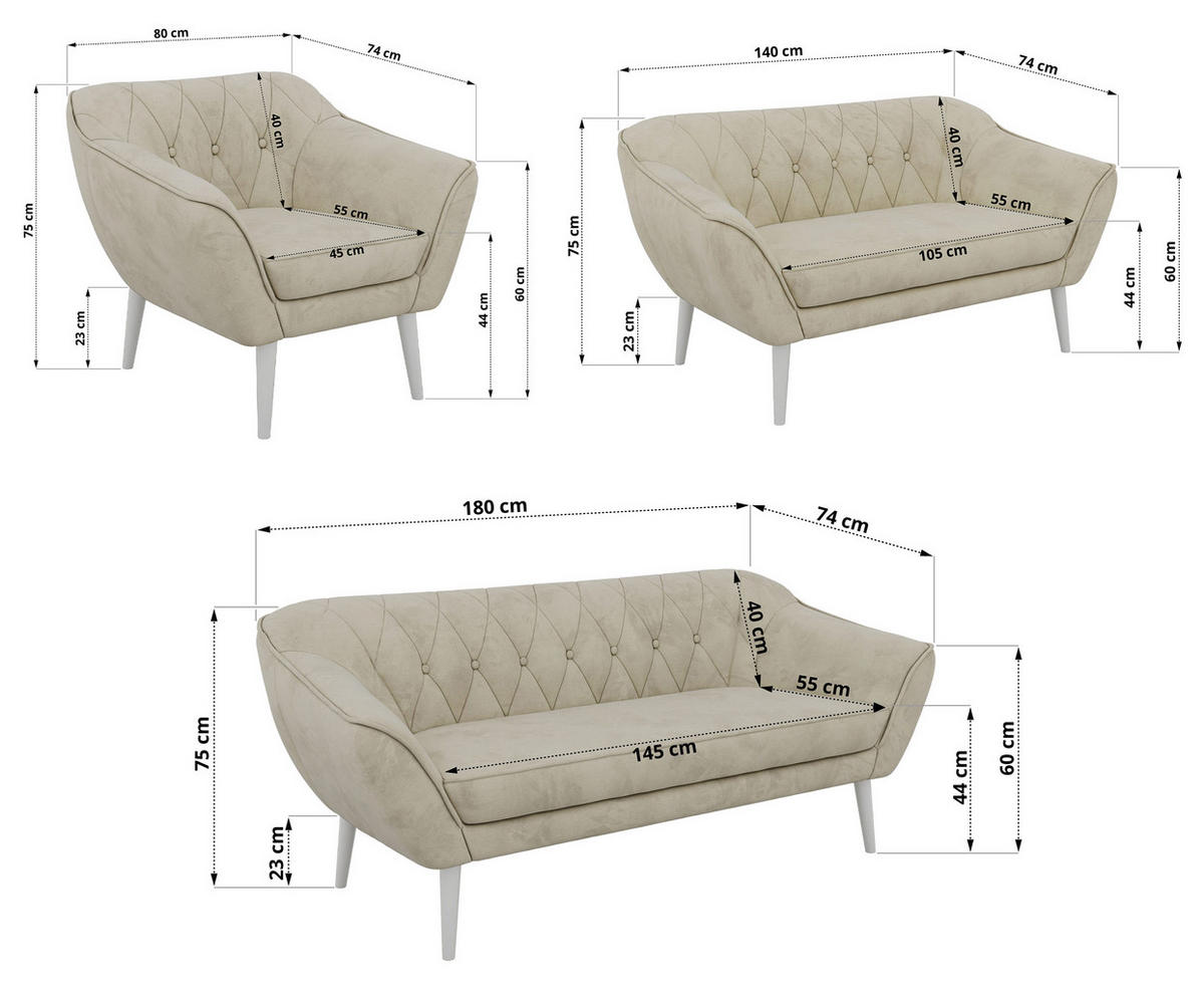 SEDACÍ SOUPRAVA 3+2+1 PIRS - Béžová Samet - Bílé nohy - bílá/béžová, kompozitní dřevo/textil (180/75/74cm) - MKS