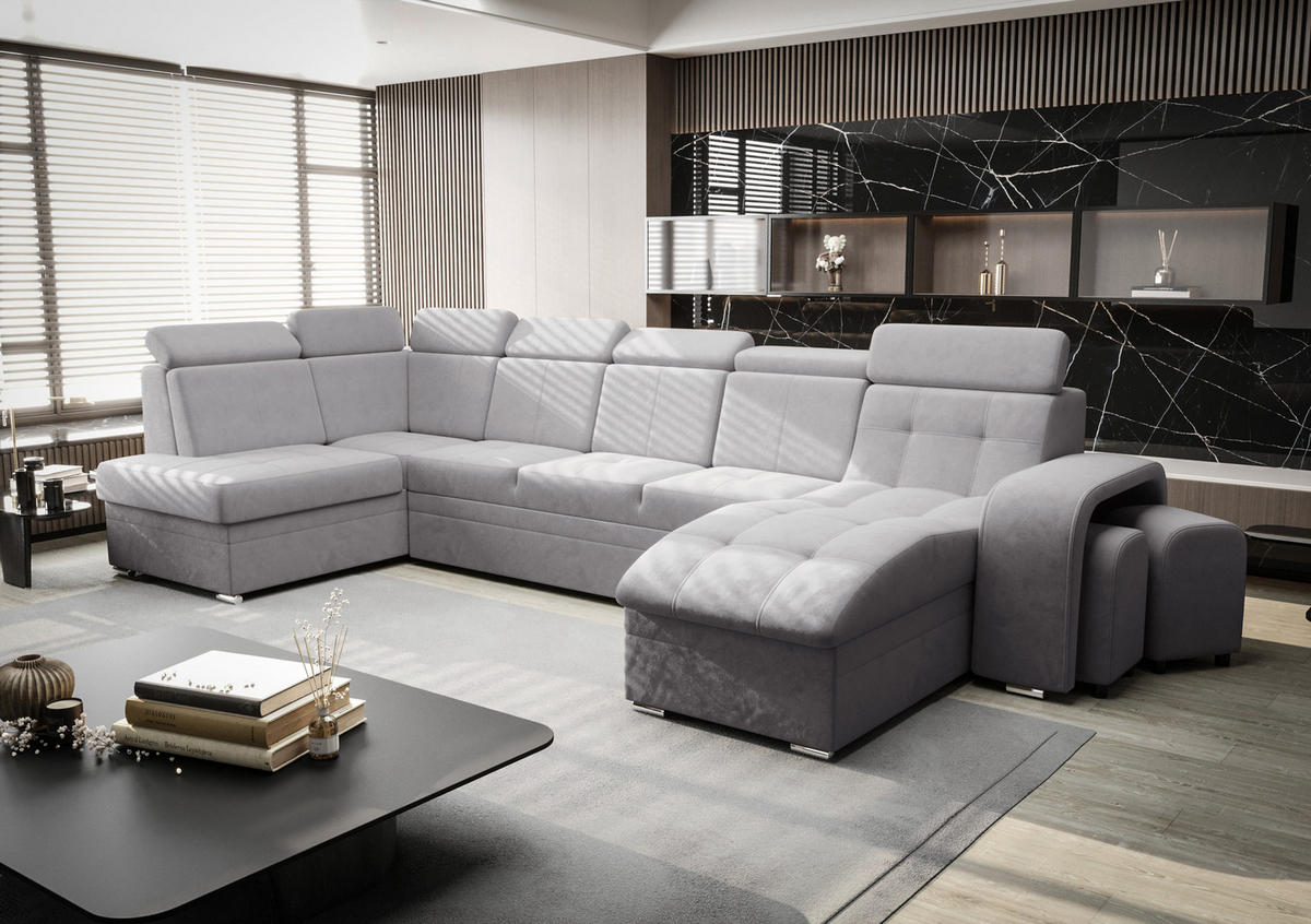 WOHNLANDSCHAFT KONGO RBN13, Eckcouch in U-Form mit Schlaffunktion, Farbe: Grau, Velourstoff, Ottomane Rechts - Grau, Textil (392/108/180cm) - O-Sofa