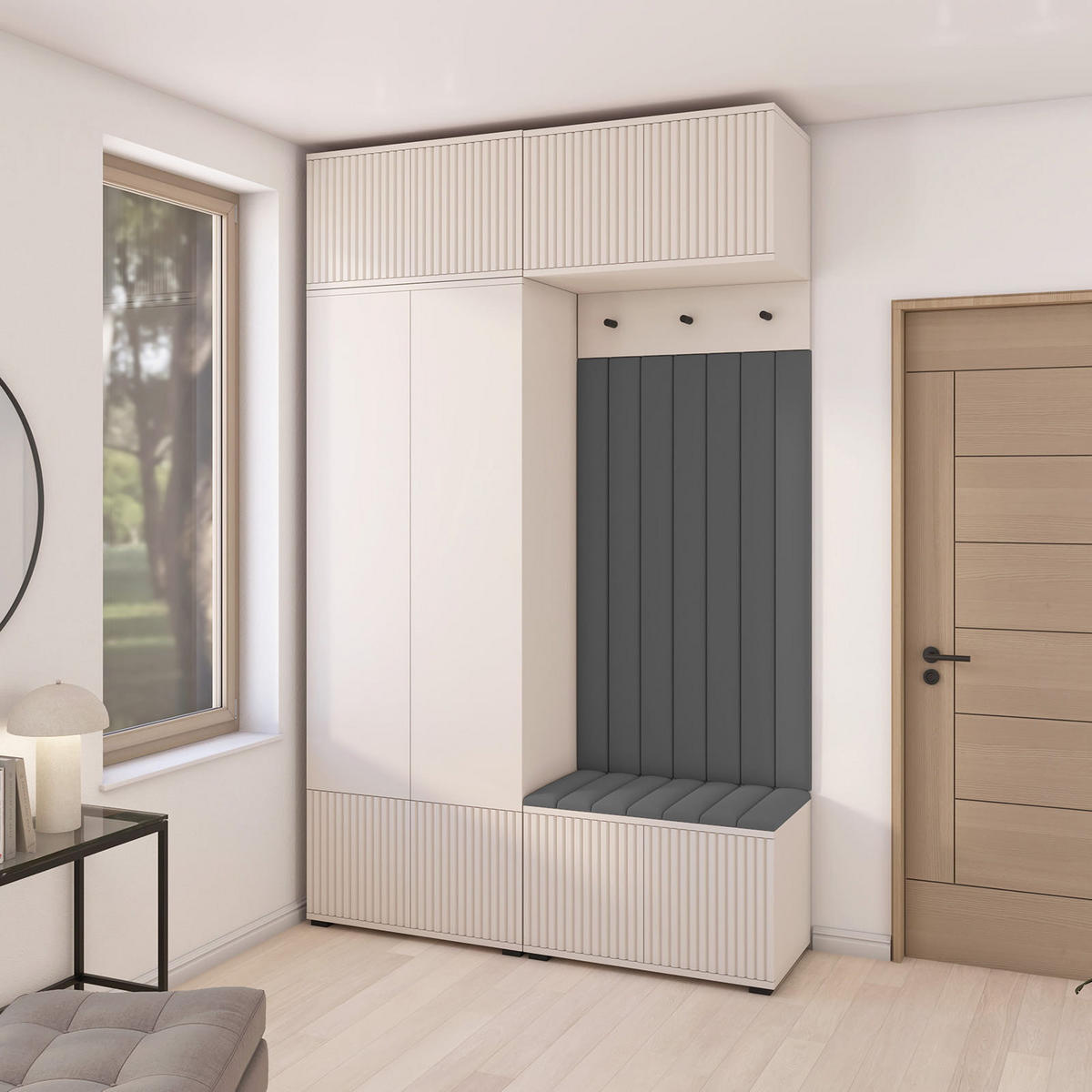 GARDEROBE Ritmo version 2 mit POLSTERPANEELEN DUNKELGRAU - Dunkelgrau/Beige, Holzwerkstoff (140/225/40cm) - Jerpax