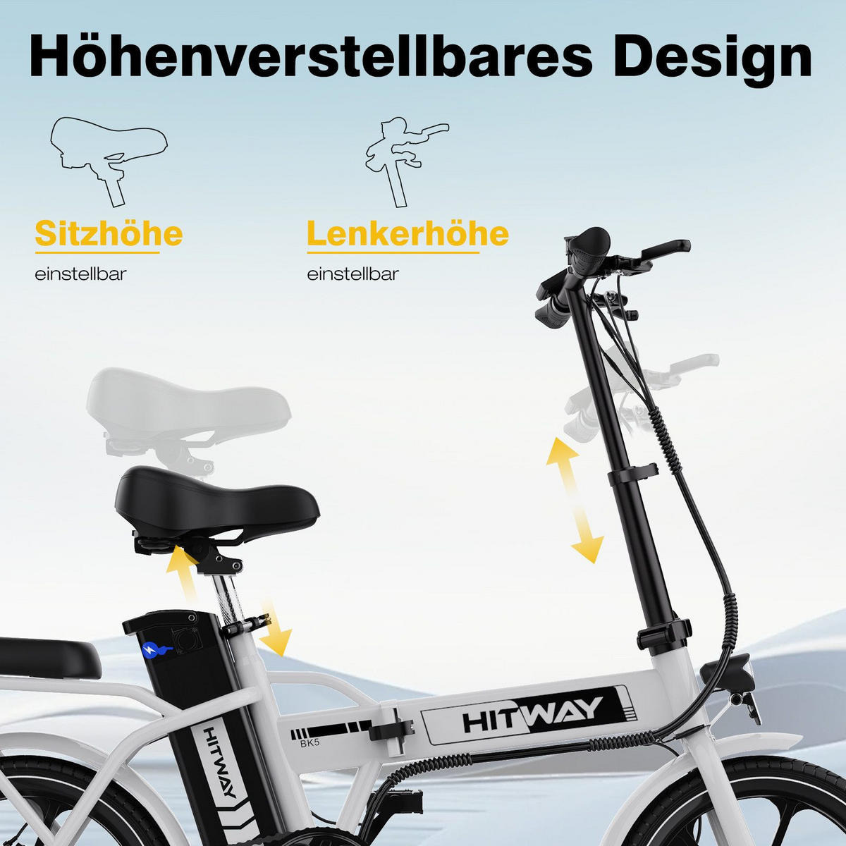 E BIKE Klapprad BK5S Leicht & Kompakt für Stadt & Bahn - 85% vormontiert mit 36Vh/10,4Ah abnehmbarer Akku - Weiß, Metall (37cm) - HITWAY