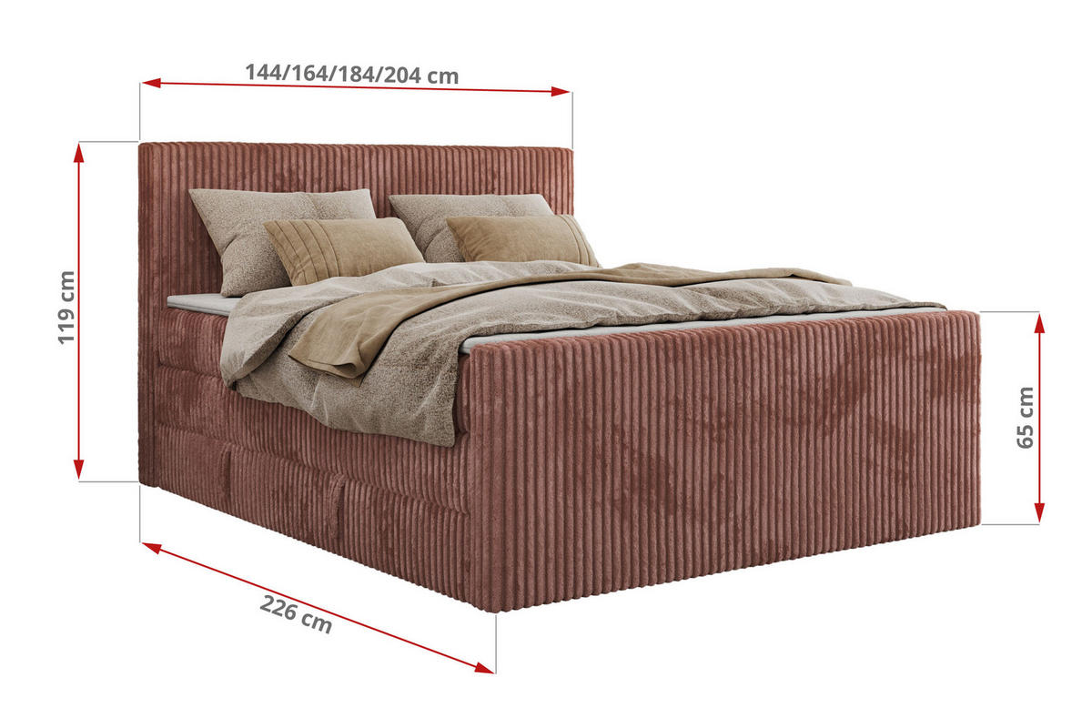 BOXSPRINGBETT TILIANO KING DUO 140/200 - Rosa Cord - H3 - Rosa, Textil (140/200cm) - MKS