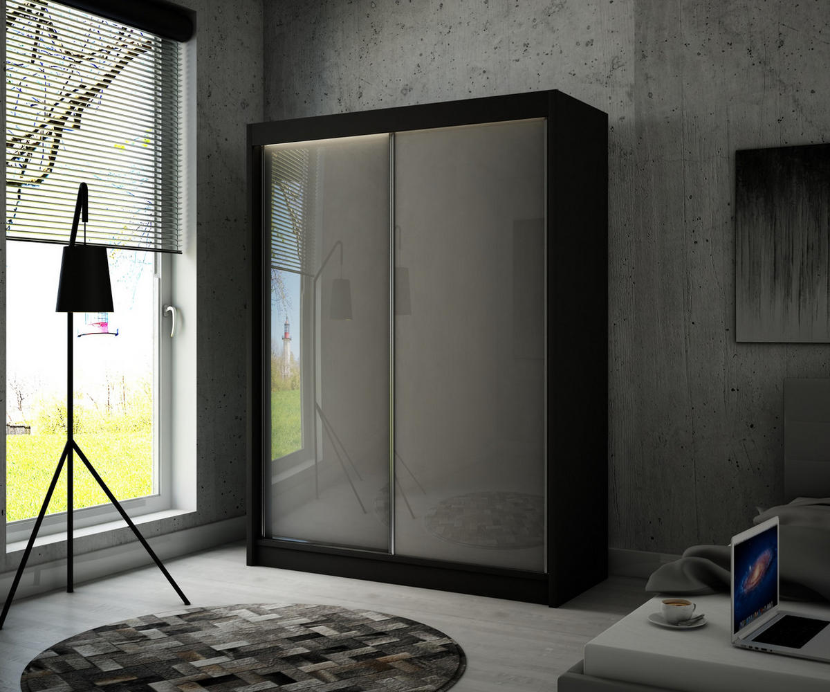 SCHIEBETÜRENSCHRANK TIPI II - Schwarz/Grau, Holzwerkstoff (200/215/61cm) - Meblini