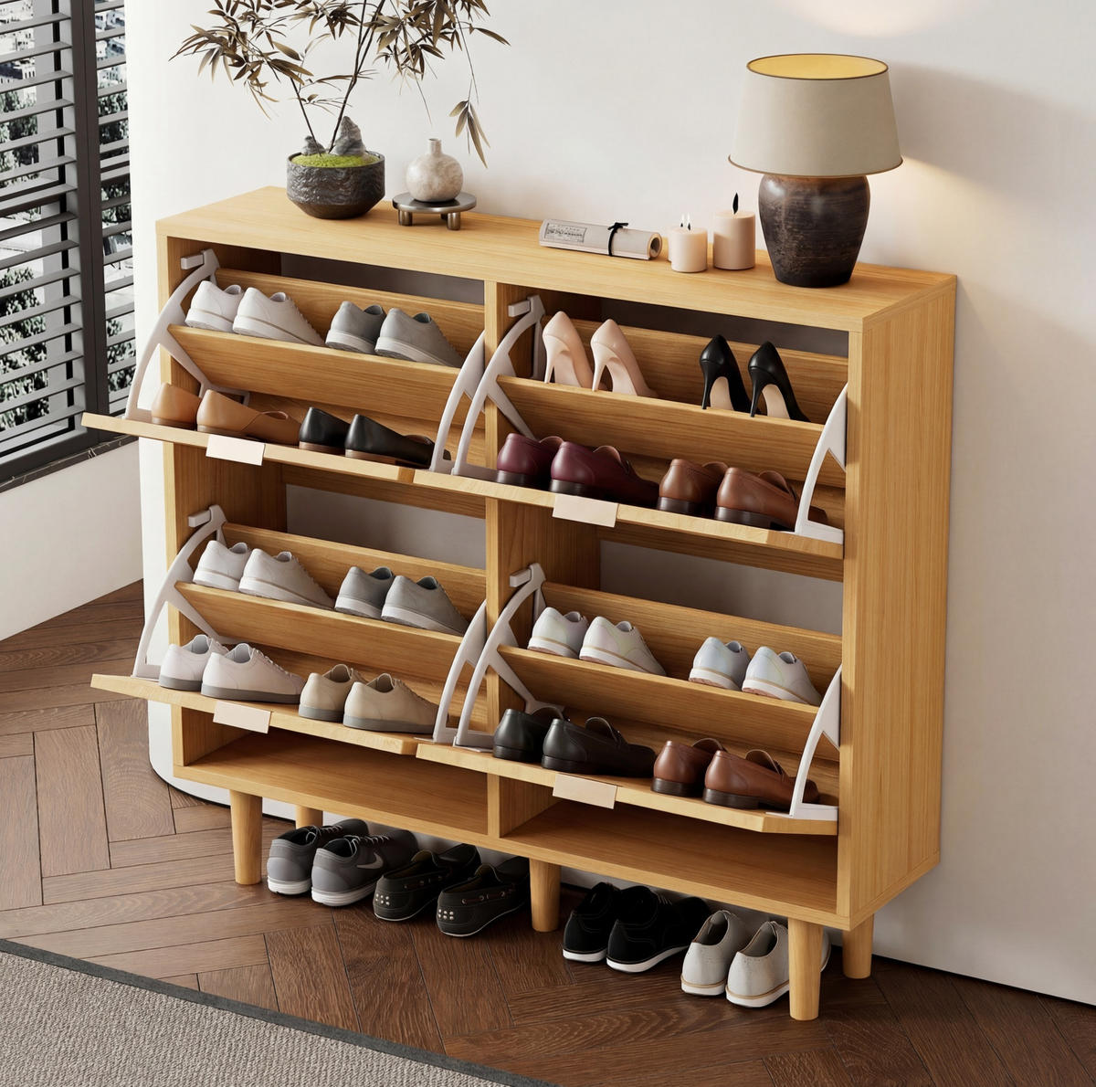 SCHUHSCHRANK 25/100/90 cm mit Klappfächern und verstellbaren Böden aus Spanplatte, helle Eiche - Naturfarben, Holzwerkstoff (100/90/25cm) - Redom