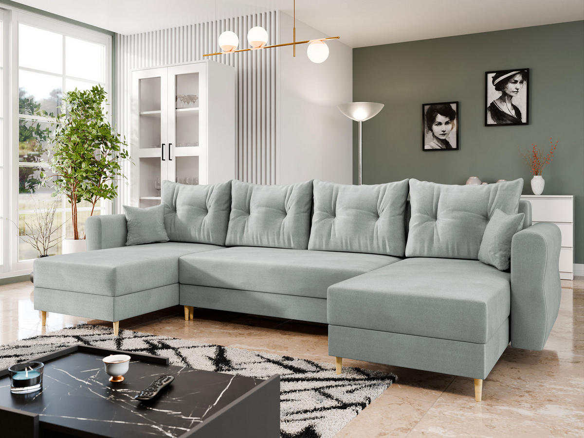 WOHNLANDSCHAFT Zako U - Hellgrau/Naturfarben, Holz/Textil (310/85/138cm) - MIRJAN24