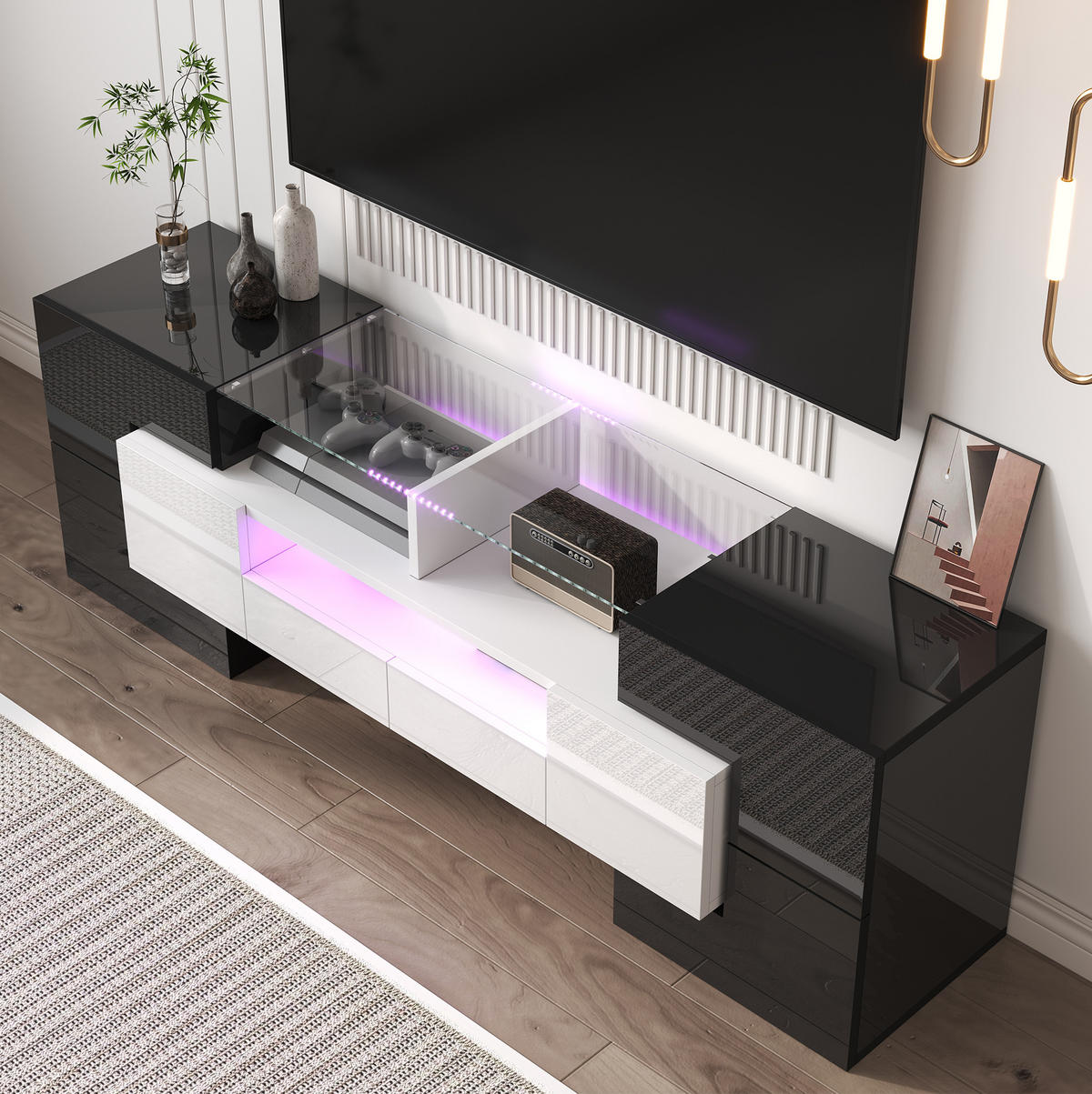 TV-SCHRANK mit LED-Beleuchtung 145 cm Hochglanz Weiß-Beton - Schwarz, Holzwerkstoff (30/51/145cm) - Beauniv