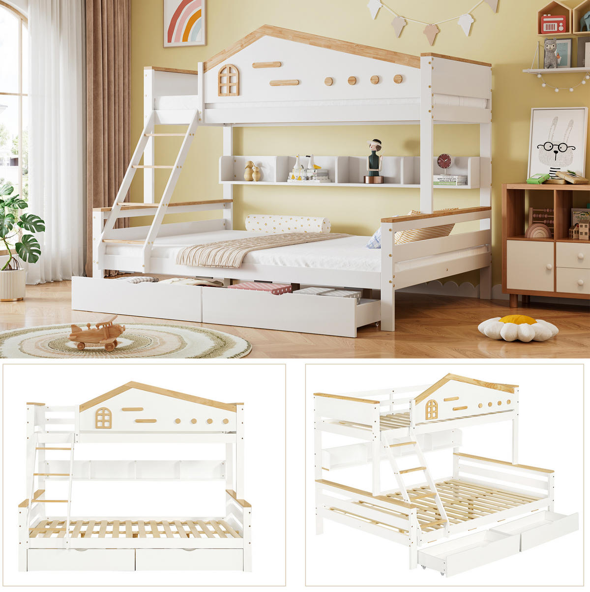 ETAGENBETT 90/200 & 140/200 cm aus Kiefer und MDF mit Regalen, 2 Schubladen und Schrägleiter, Weiß/Natur - Weiß, Holzwerkstoff (90/200cm) - Redom