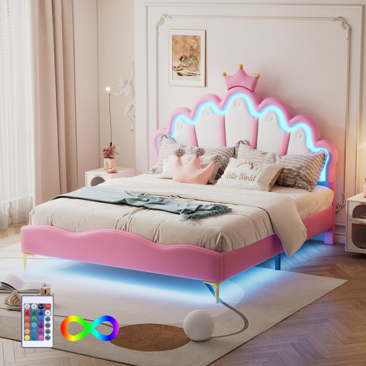 POLSTERBETT 140x200 cm, Rosa, mit Lattenrost Jugendbett mit Verstellbarem LED, PU - Rosa, Textil/Metall (140/200cm)