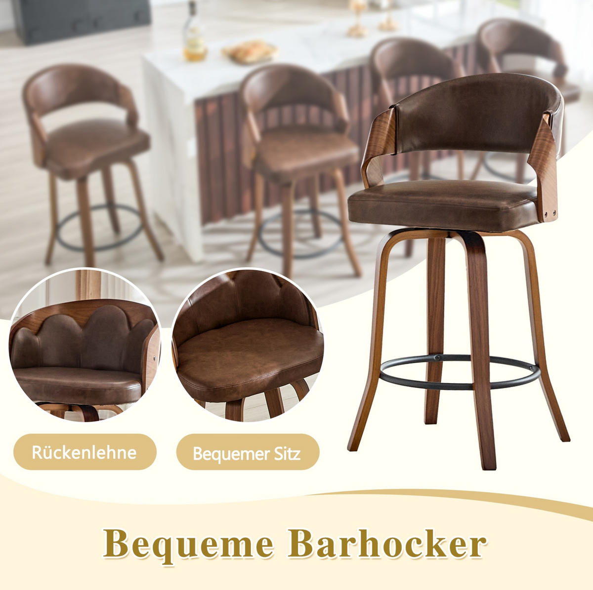2ER-SET BARHOCKER mit Rückenlehne Braun Holz PU-Leder 95 cm - Braun, Holz (42/95/51cm) - Meubliv