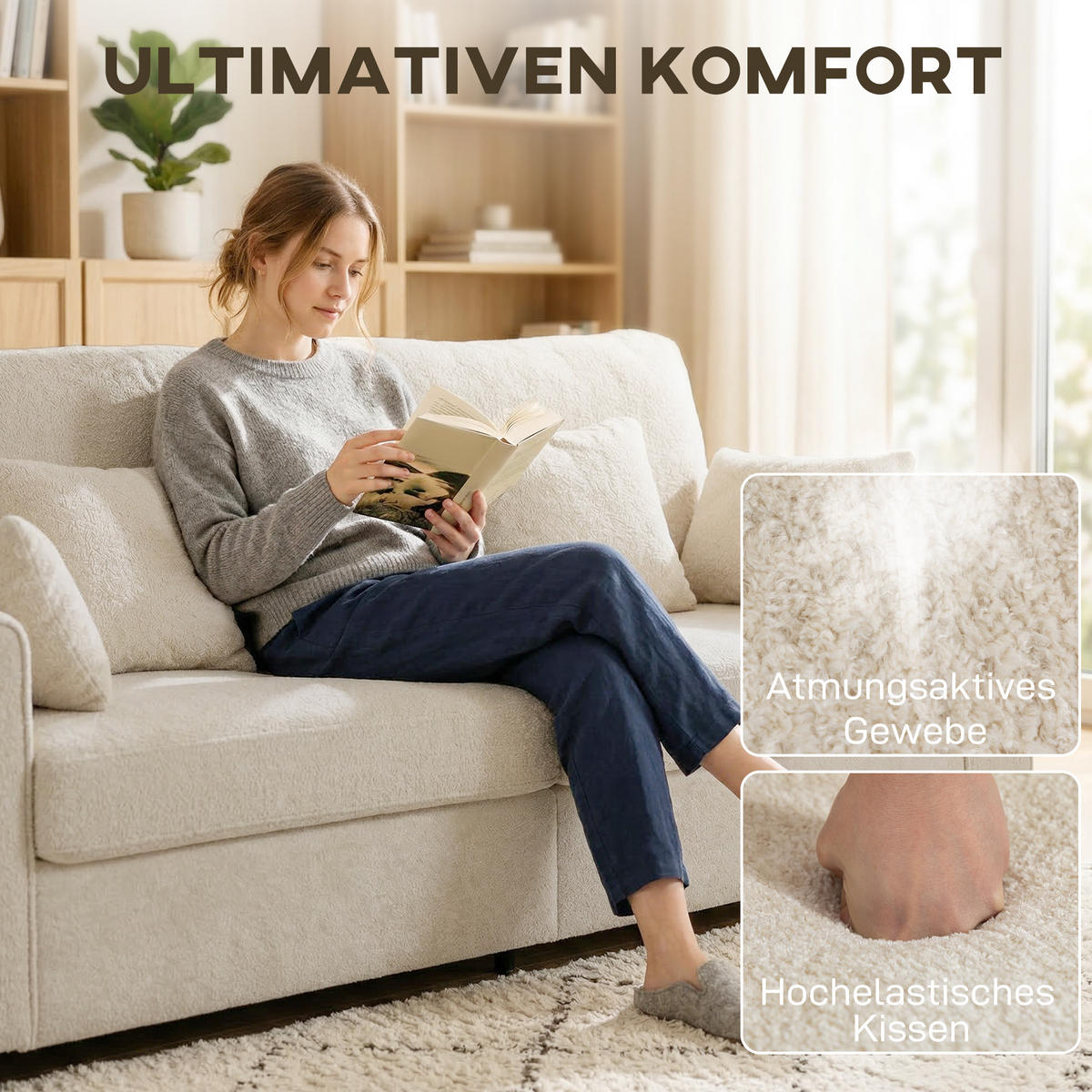 SOFA 3-Sitzer aus Polyester Beige - Beige/Schwarz, Holzwerkstoff/Kunststoff (85/90/211.5cm) - HOMCOM