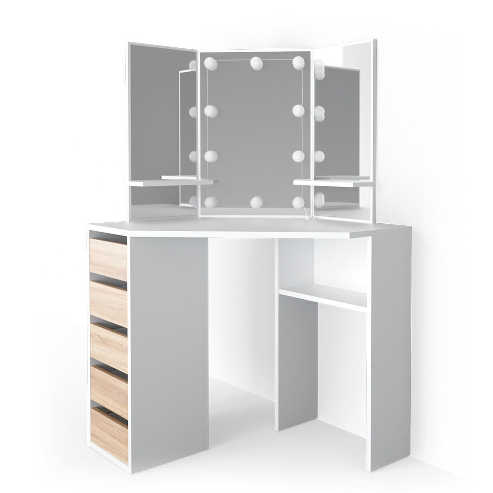 ECKSCHMINKTISCH Arielle Weiß/Sonoma 110 cm mit LED Beleuchtung - Weiß/Sonoma Eiche, Holzwerkstoff (110/141.5/54cm) - Vicco