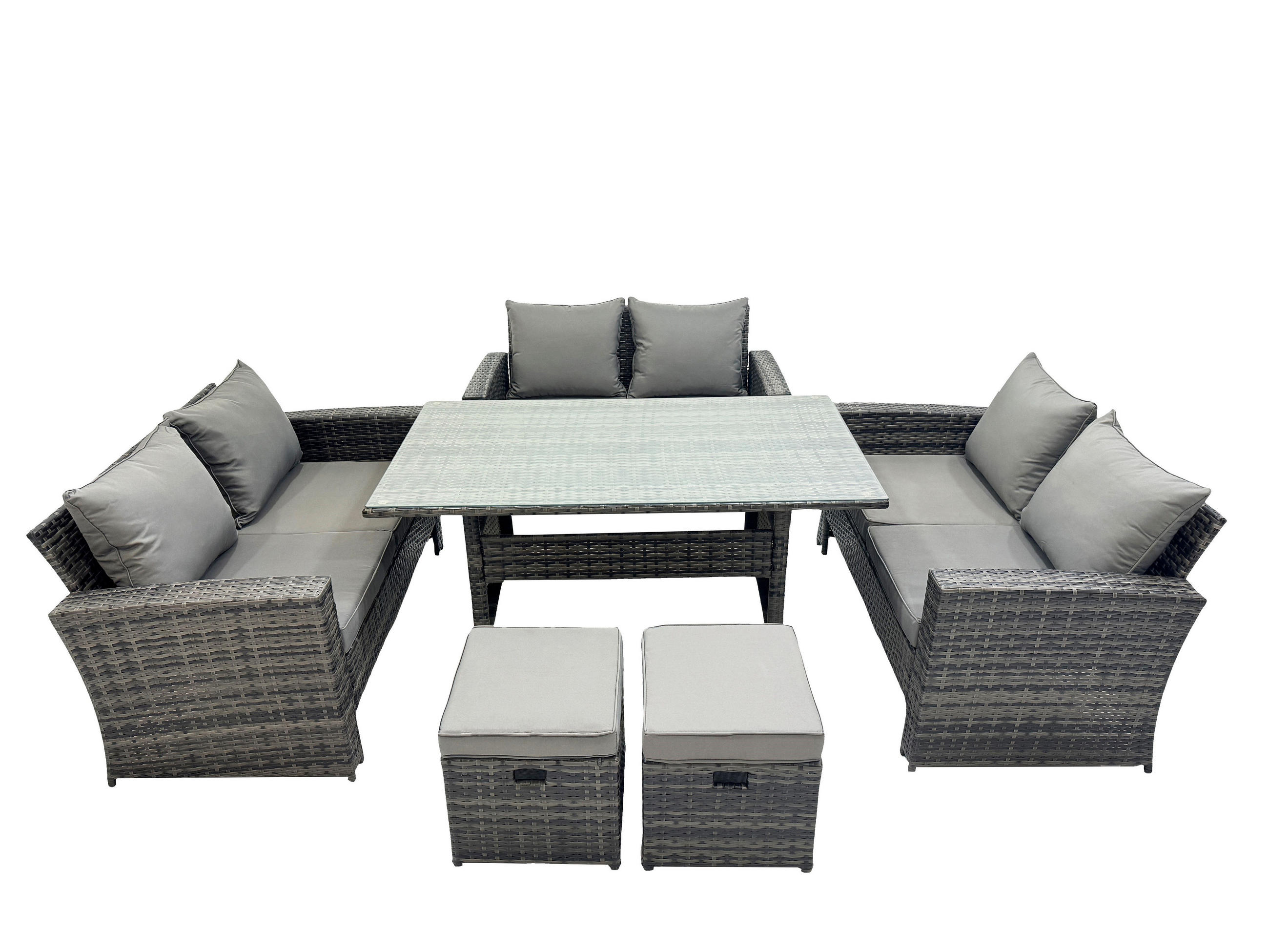 GARTENMÖBELSET mit Zweisitzer,2 Hockern,Esstisch Polyrattan Dunkelgrau 8-Sitzer - Dunkelgrau/Grau, Glas/Kunststoff - Fimous