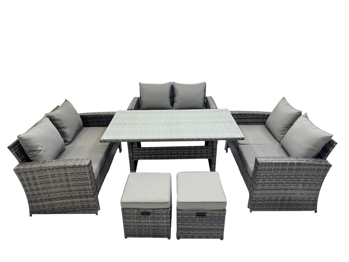 GARTENMÖBELSET mit Zweisitzer,2 Hockern,Esstisch Polyrattan Dunkelgrau 8-Sitzer - Dunkelgrau/Grau, Glas/Kunststoff - Fimous