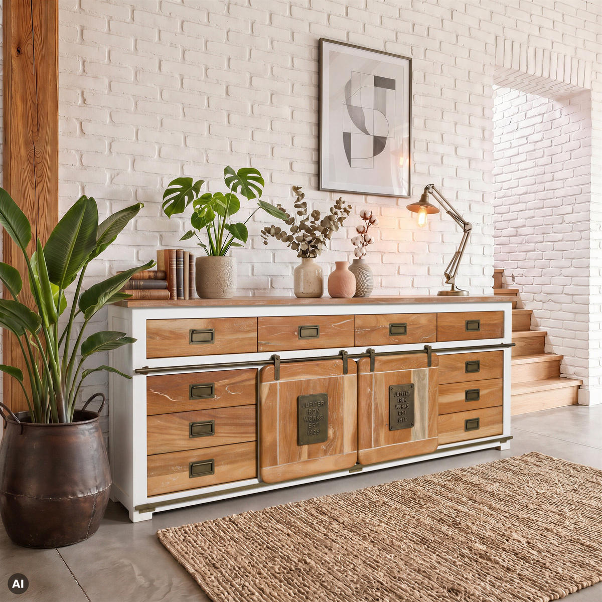SIDEBOARD Mango 220x45x90 weiß lackiert RAILWAY #592 - Weiß, Holz (220/90/45cm) - Massivmoebel24