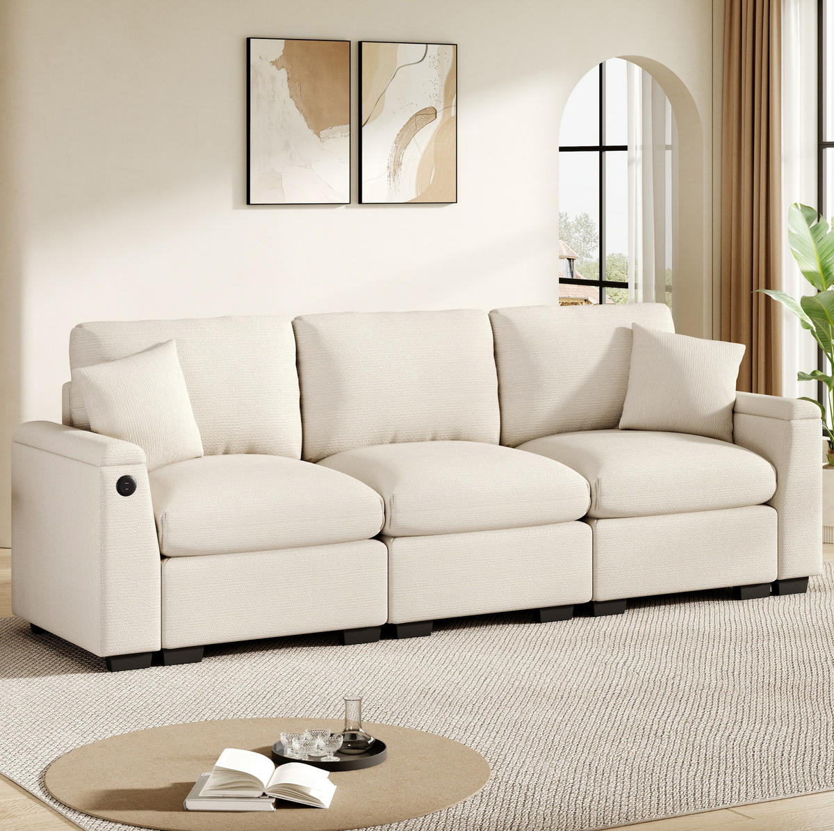 POHOVKA z chenillu, 242/80/88 cm béžová, 3-miestna s USB, stolíkom a úložným priestorom - béžová, textil (80/88/242cm) - BEAOK