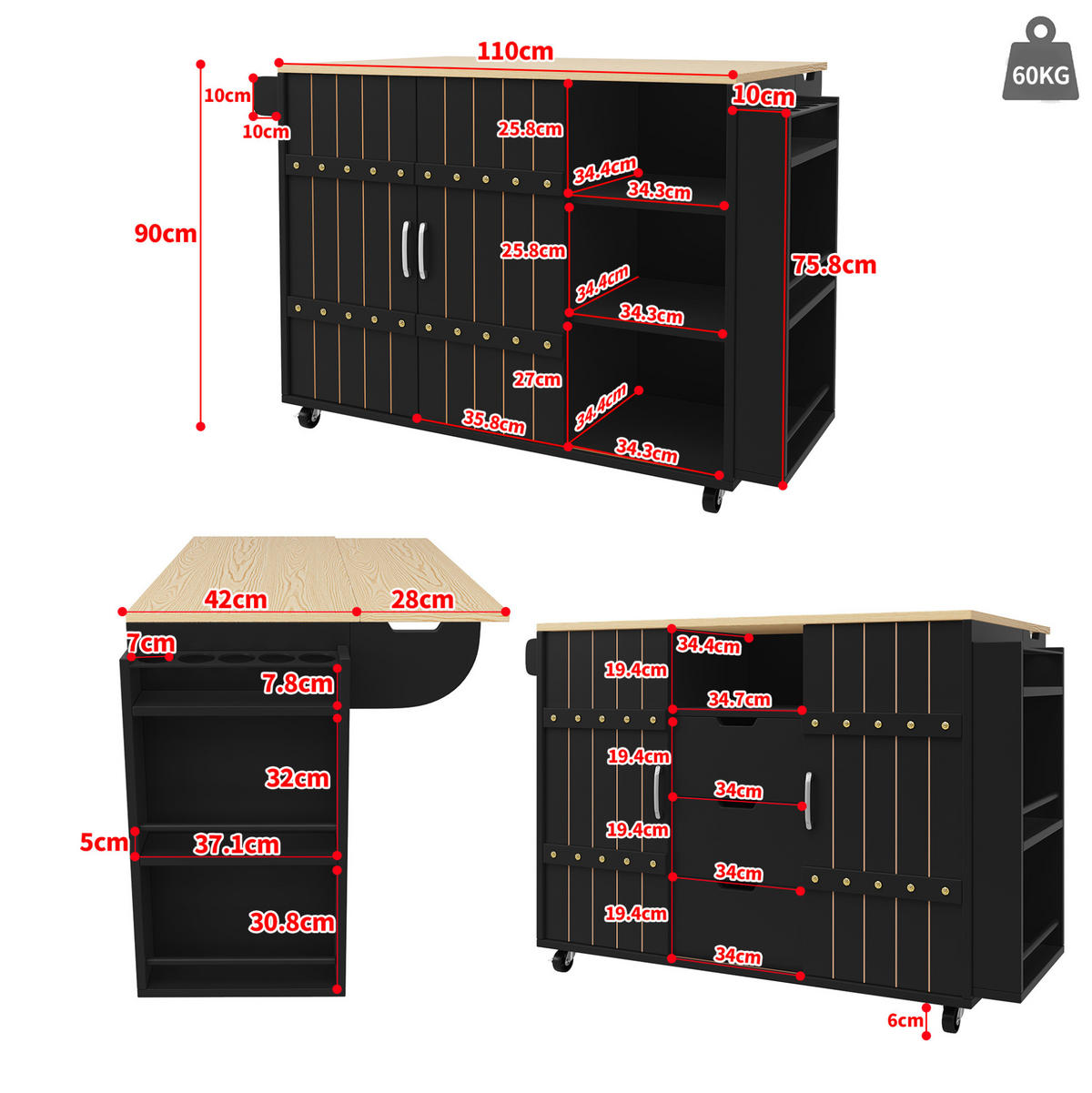 KÜCHENWAGEN 110x42x90cm aus MDF mit Klappplatte,3 Schubladen & 4 Rollen - Schwarz, Holzwerkstoff (110/90/42cm) - Modfu