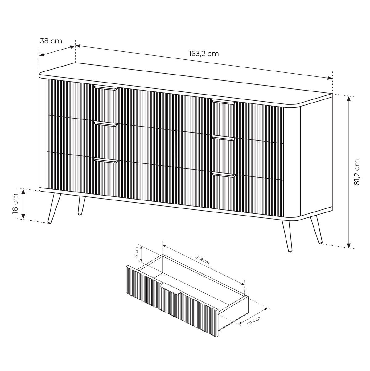 SIDEBOARD Vespasia 6S Schwarz 163,2/81,2/38 cm – Geriffelten Fronten - Schwarz, Holzwerkstoff/Metall (163/81.2/38cm) - AX Living