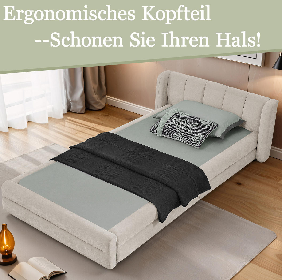 POLSTERBETT 90/200 cm mit ergonomischem Kopfteil und Chenillebezug, Beige - Beige, Kunststoff (90/200cm) - Redom