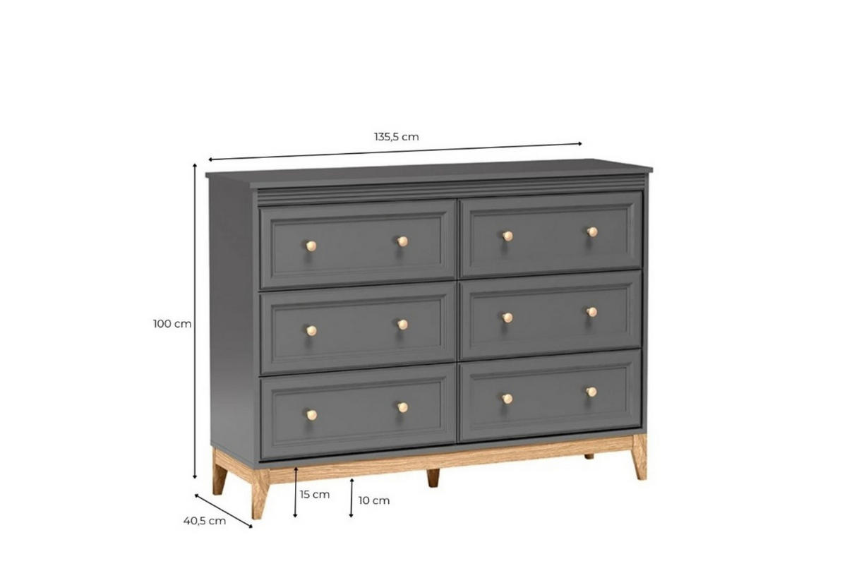 KOMMODE SUOLO 135,5/100/40,5cm mit 6 Schubladen Türen Grau - Grau, Holzwerkstoff (135.5/100/40.5cm) - MASSENO