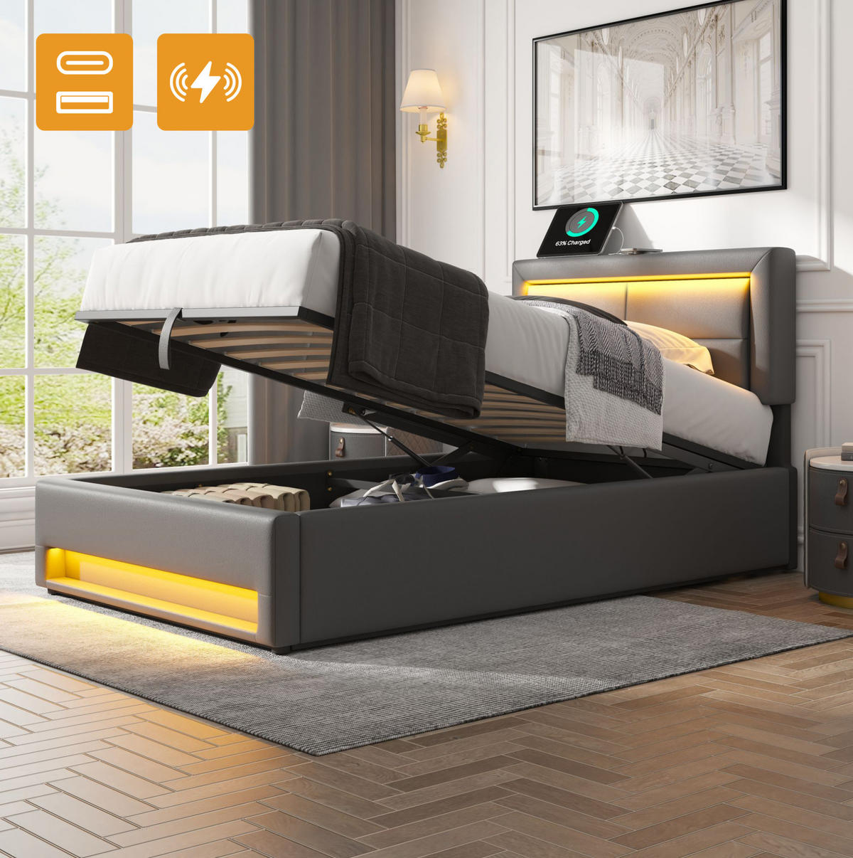 POLSTERBETT 90/200 cm mit USB-Ladefunktion, LED-Beleuchtung und Bettkasten, PU, Grau - Grau, Kunststoff (90/200cm) - Redom