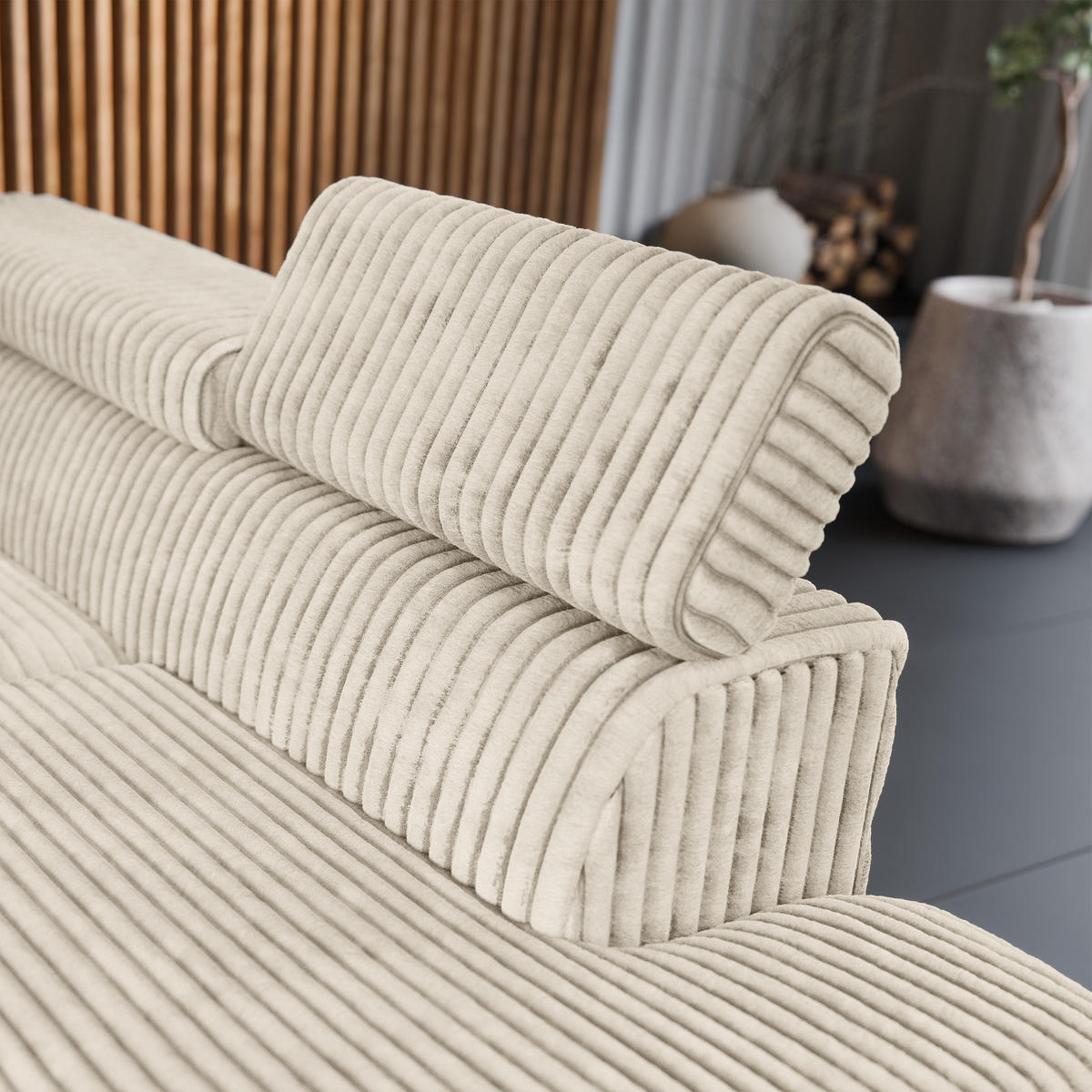 ECKSOFA VELISS Creme Kordstoff mit Schlaffunktion - Creme, Holz (255/193cm) - MASSENO