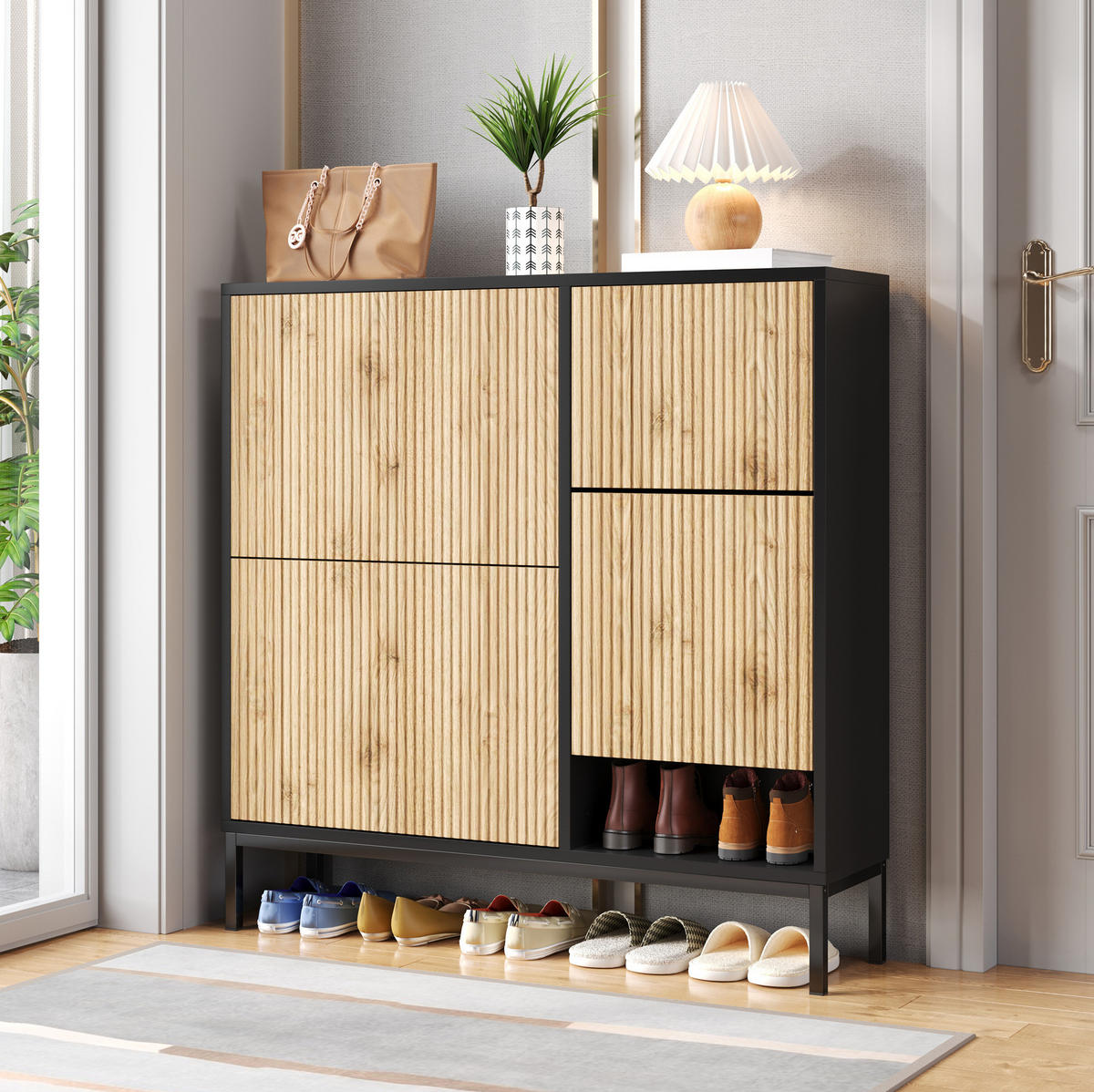 SCHUHSCHRANK 100/25/100 cm mit 3 Klappen, Sitzbank und offener Ablage - Schwarz, Holzwerkstoff (100/100/25cm) - BEAOK