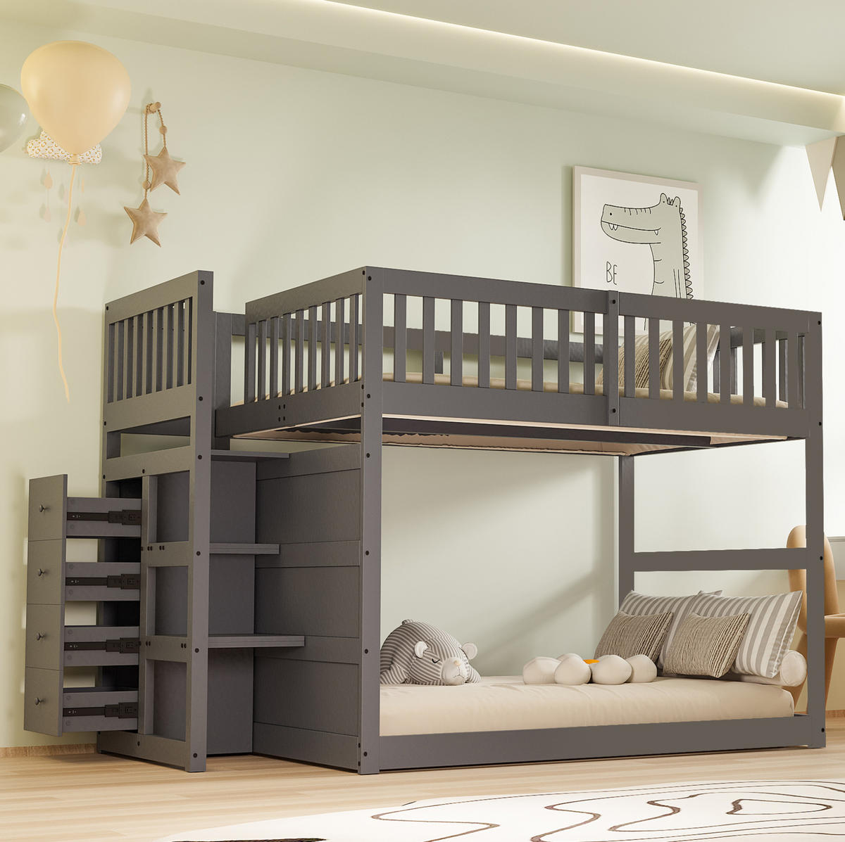 ETAGENBETT 140/200 cm Grau mit Treppe und 4 Schubladen aus Holz - Grau, Holz (140/200cm) - MIVRAY