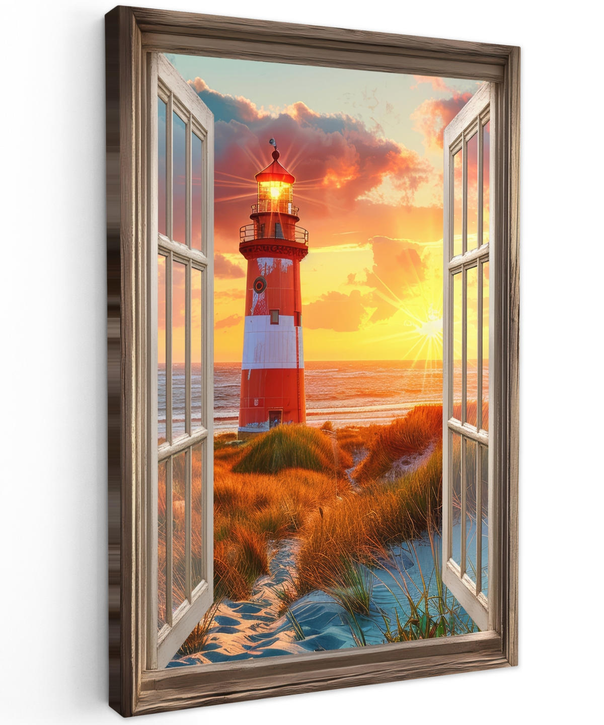 LEINWANDBILD Aussicht - Fenster - Leuchtturm - Sonnenuntergang - Strand 40x60 cm - Dunkelorange, Textil (40/60cm) - MuchoWow