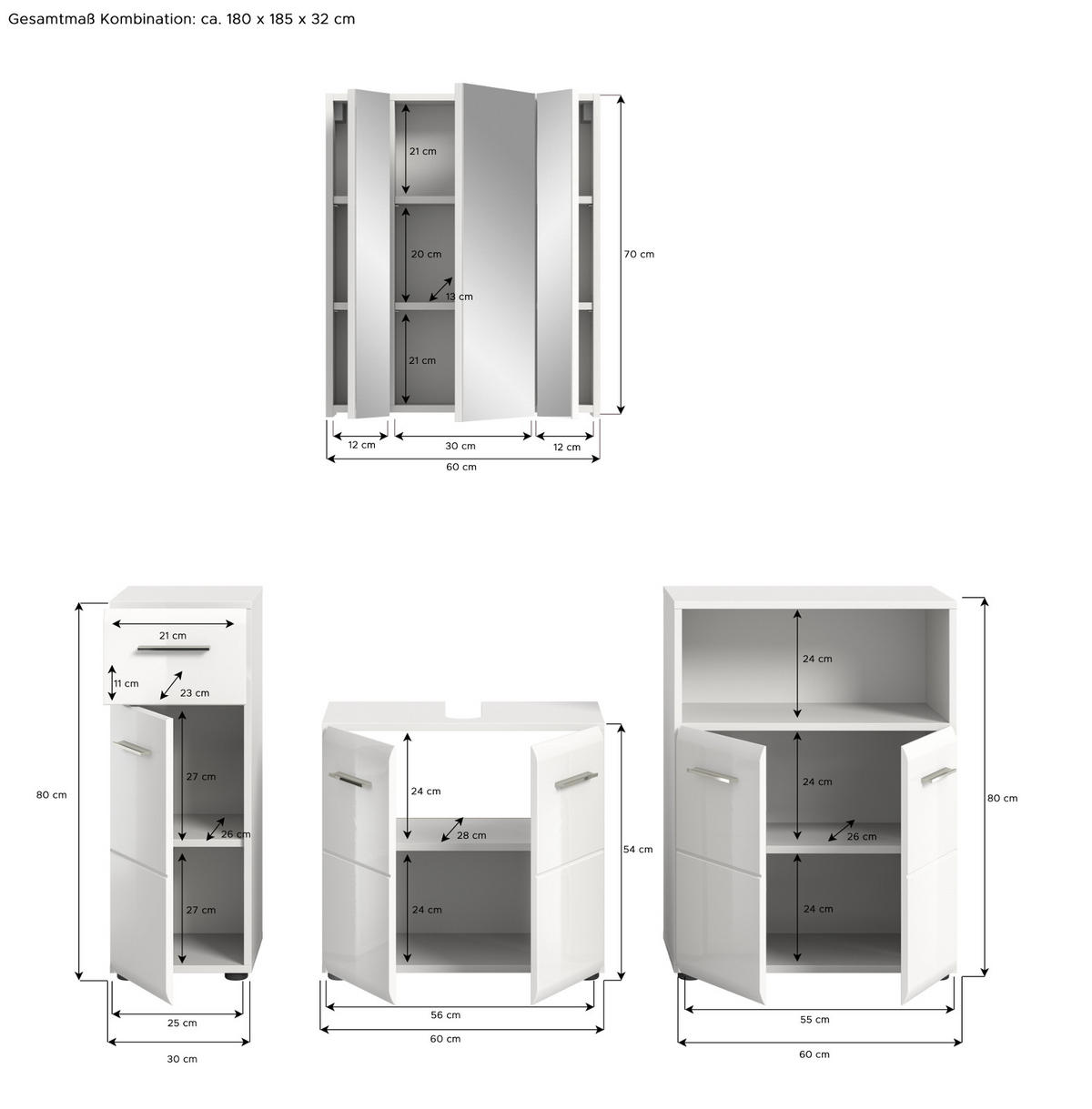 BADMÖBEL-SET weiß Hochglanz, Badkombination 4-teilig 180 cm - Weiß Hochglanz/Silberfarben, Glas/Holzwerkstoff (180/185/30cm) - Inn.Furn