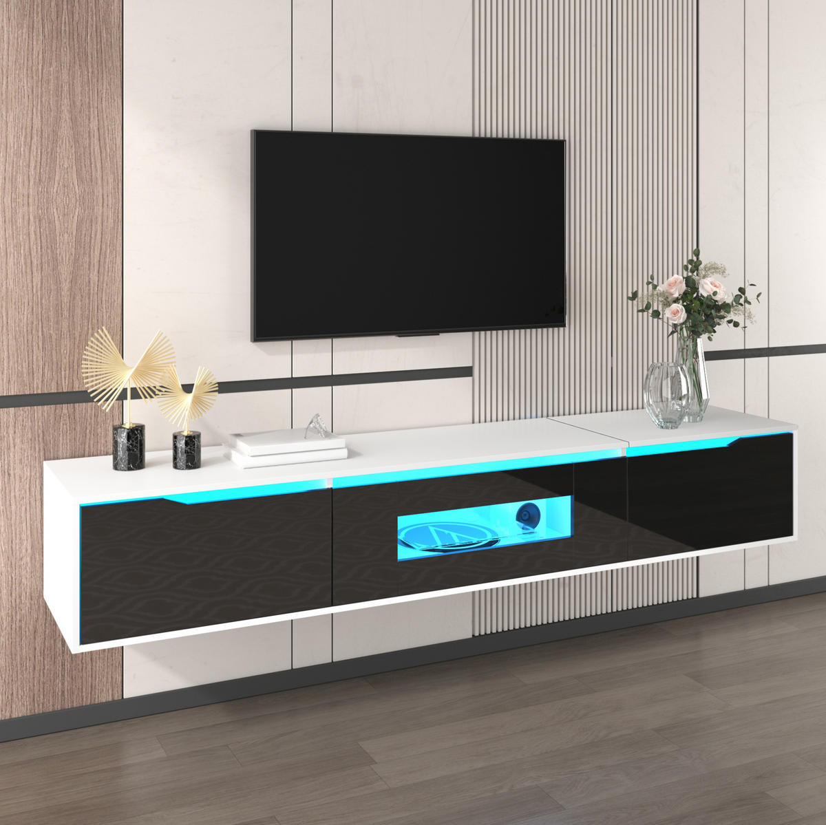 TV-LOWBOARD aus Spanplatte 180x35x30 cm Weiß/Schwarz mit LED-Beleuchtung und Wandmontage - Schwarz, Holzwerkstoff (180/35/30cm) - IVMEU